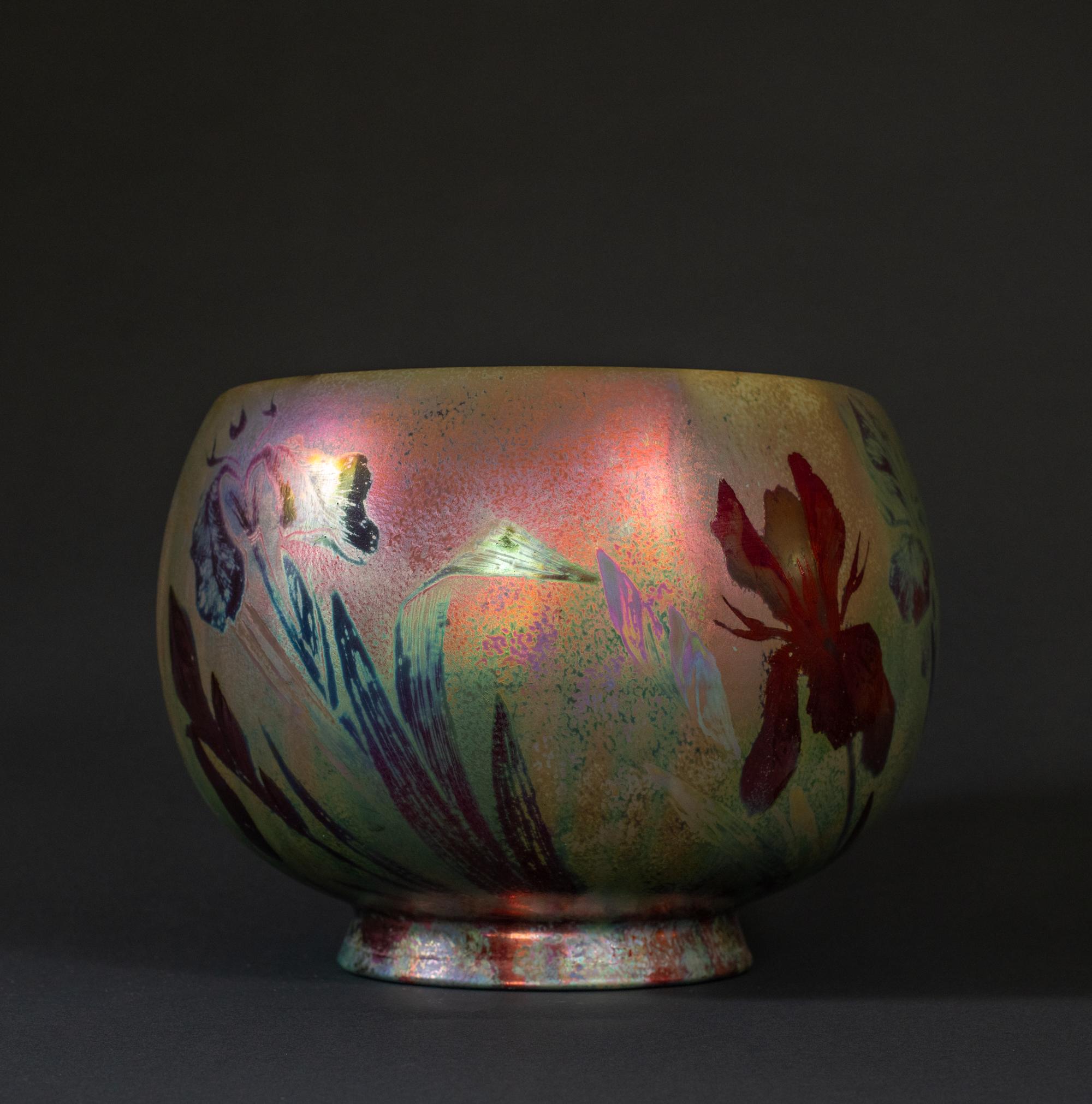 Earthenware Iridescent Iris Art Nouveau Colorful Cachepot by Clement Massier For Sale