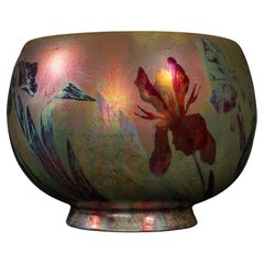 Antique Iridescent Iris Art Nouveau Colorful Cachepot by Clement Massier