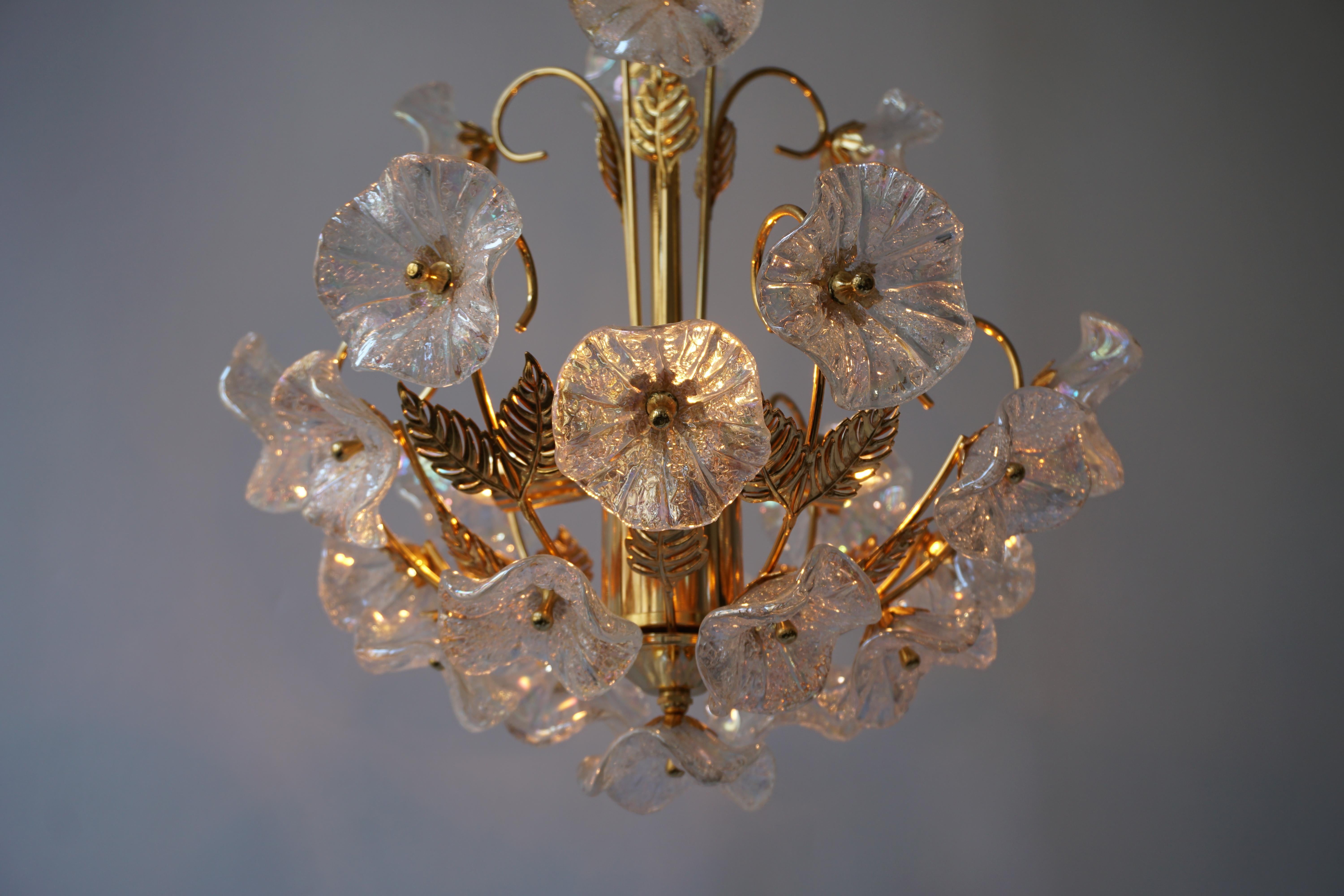 Iridescent Italian Murano Glass and Brass Flower Chandelier 2