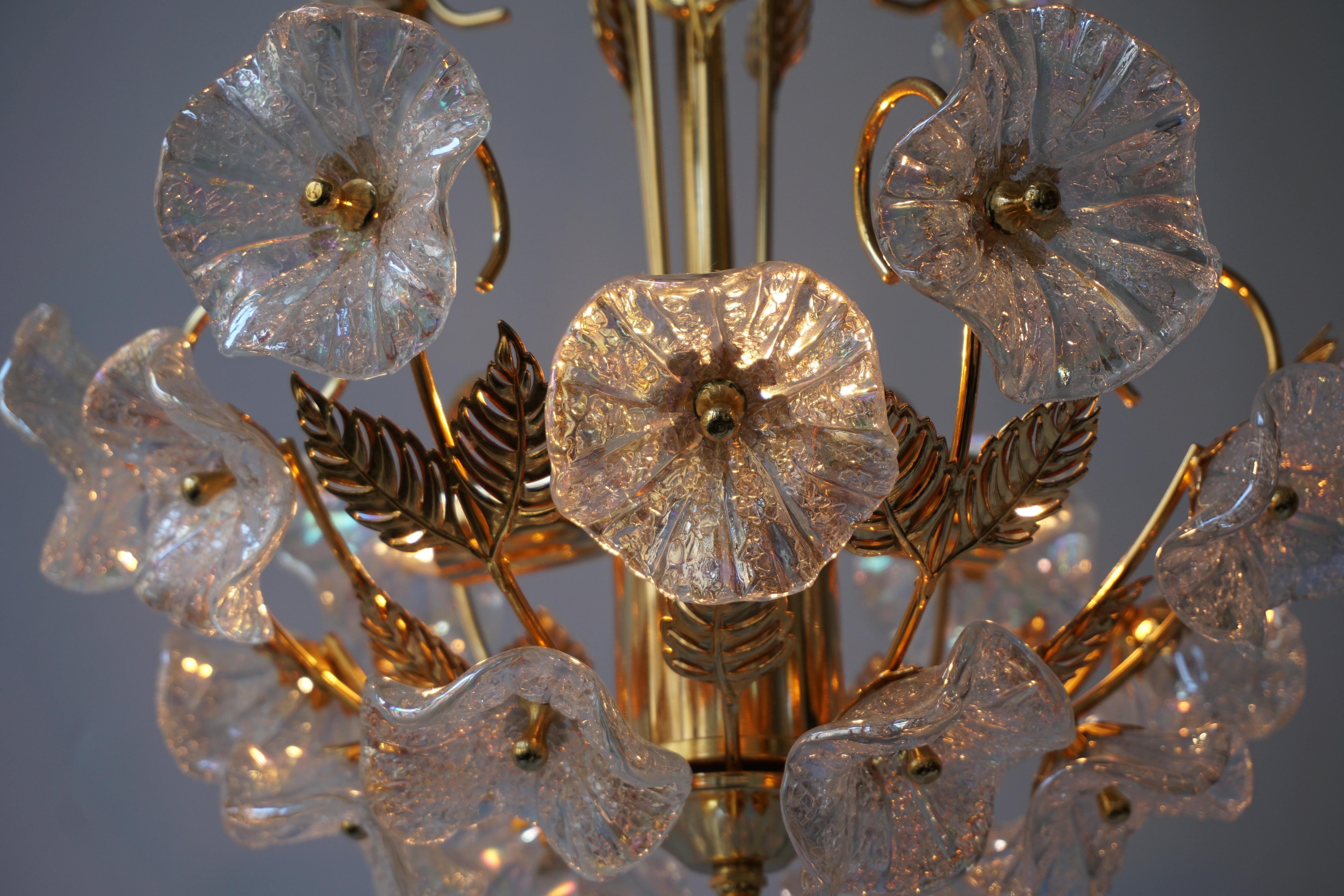 Iridescent Italian Murano Glass and Brass Flower Chandelier 3