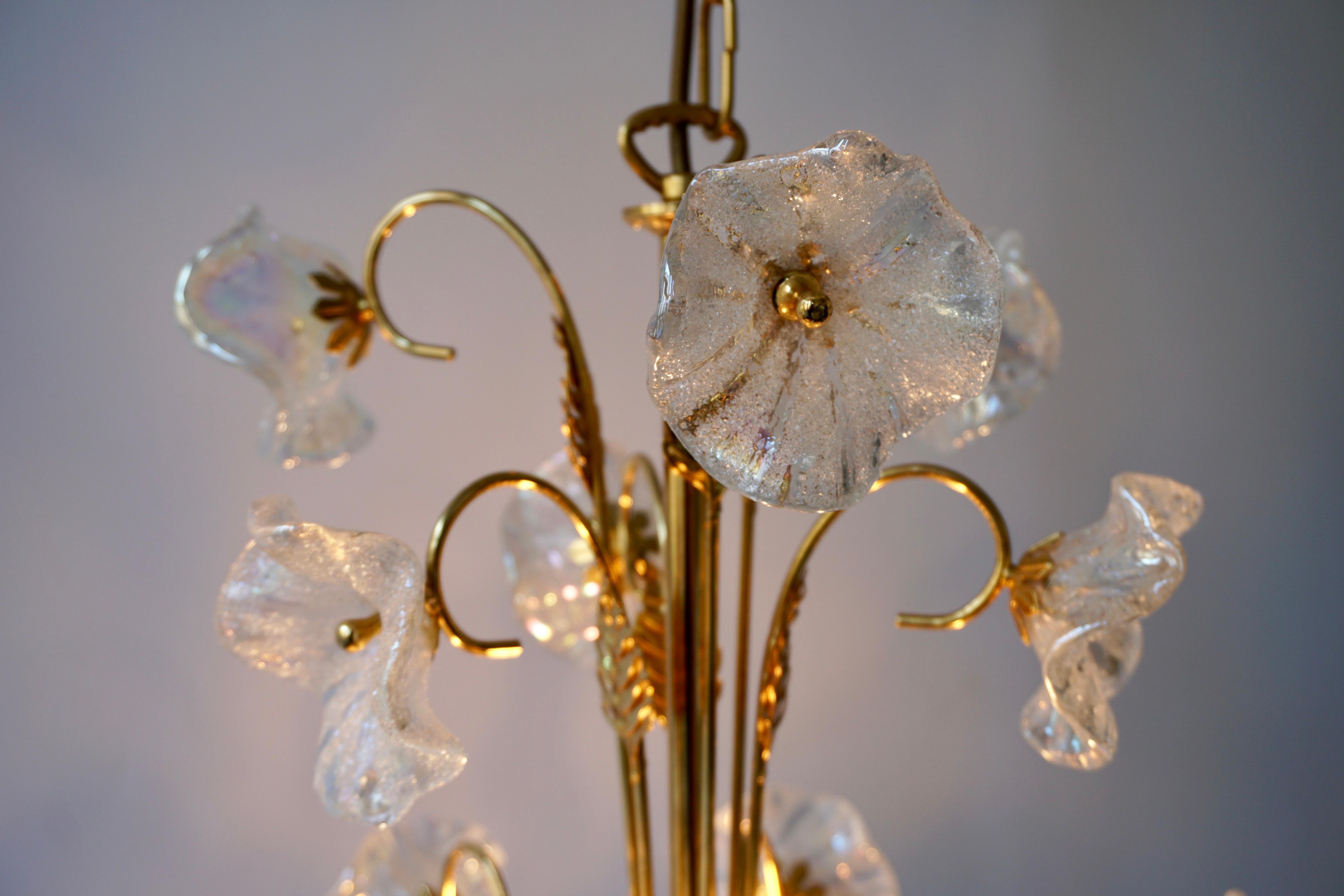 Iridescent Italian Murano Glass and Brass Flower Chandelier 4