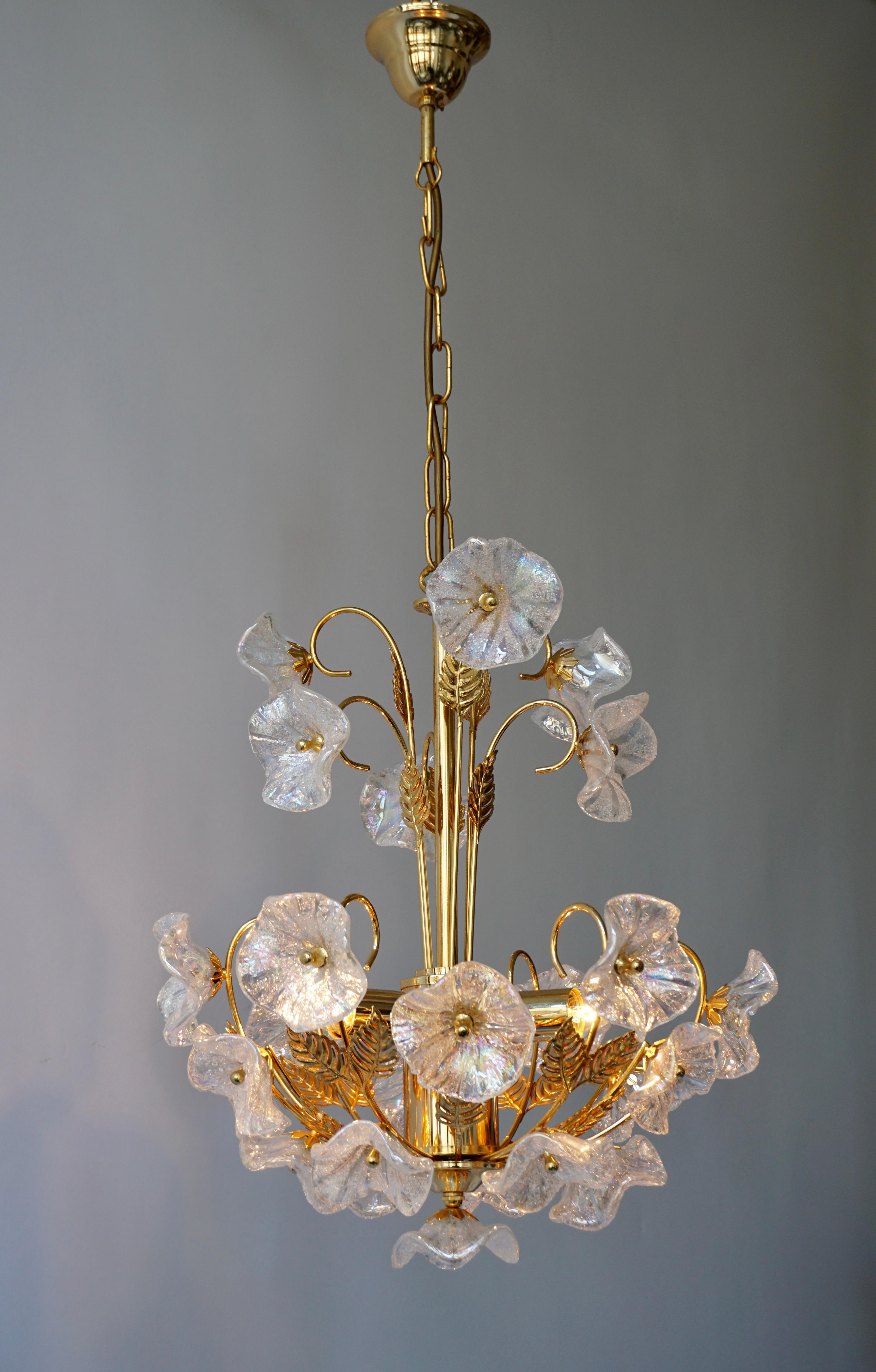 Hollywood Regency Iridescent Italian Murano Glass and Brass Flower Chandelier