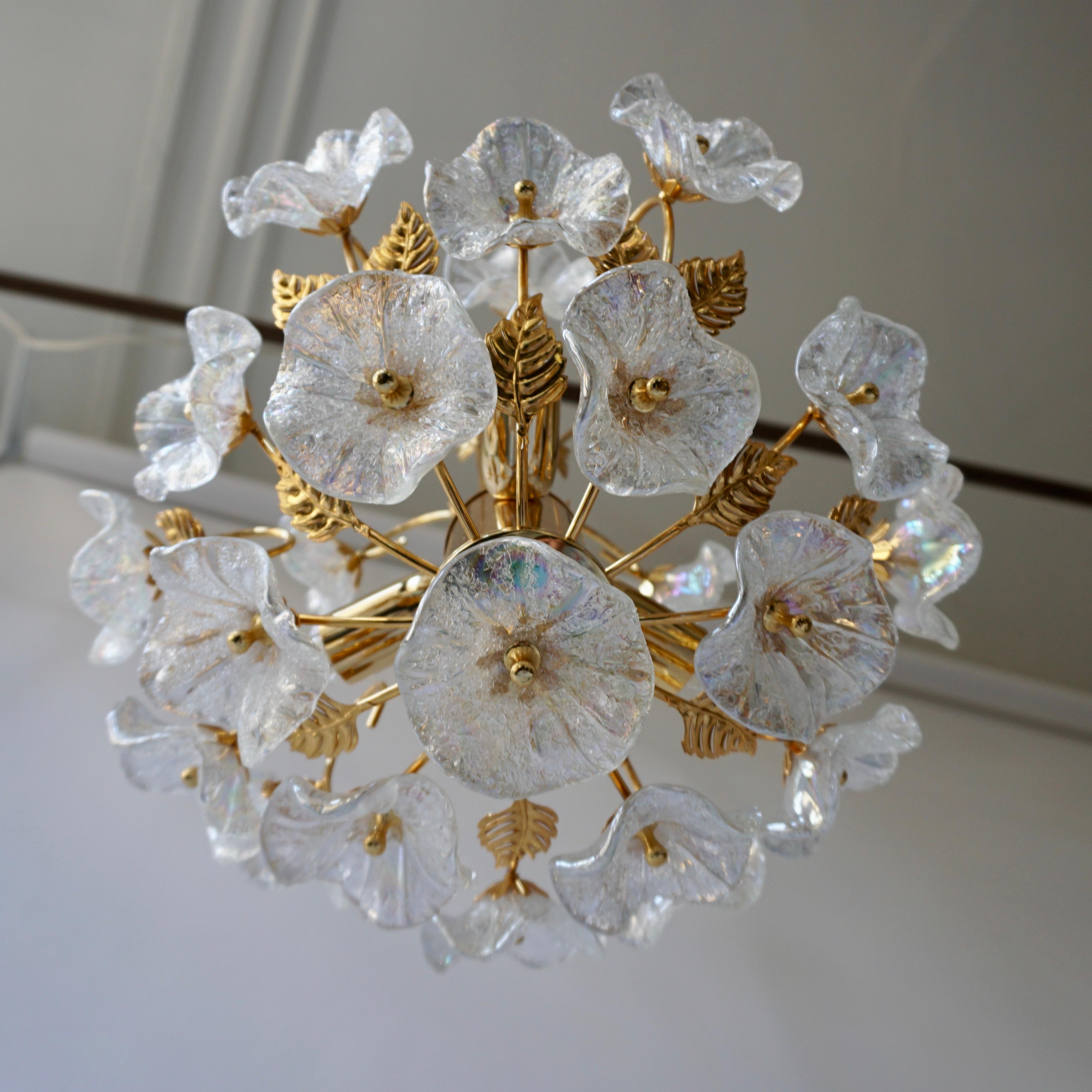 20th Century Iridescent Italian Murano Glass and Brass Flower Chandelier