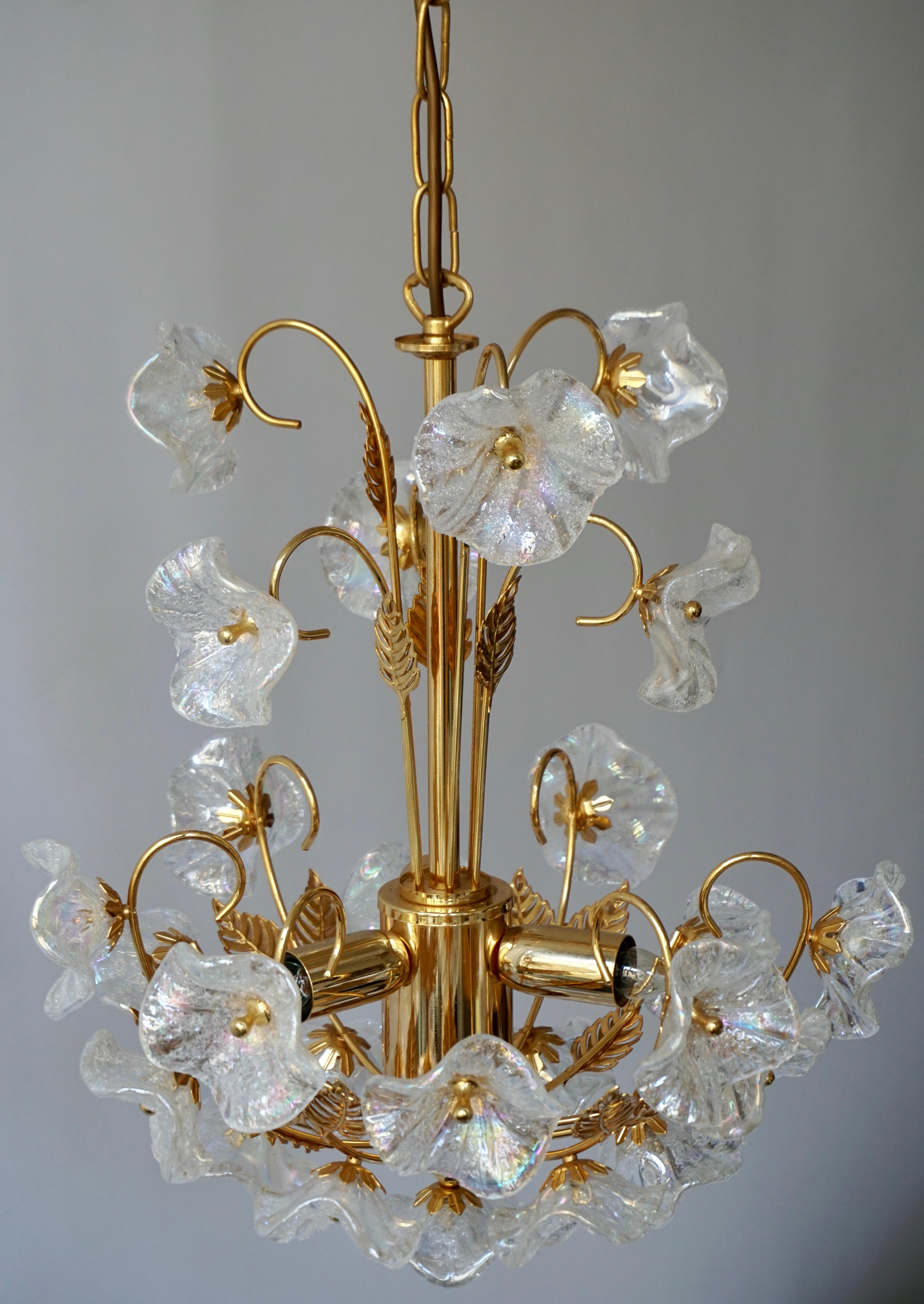 Iridescent Italian Murano Glass and Brass Flower Chandelier 1
