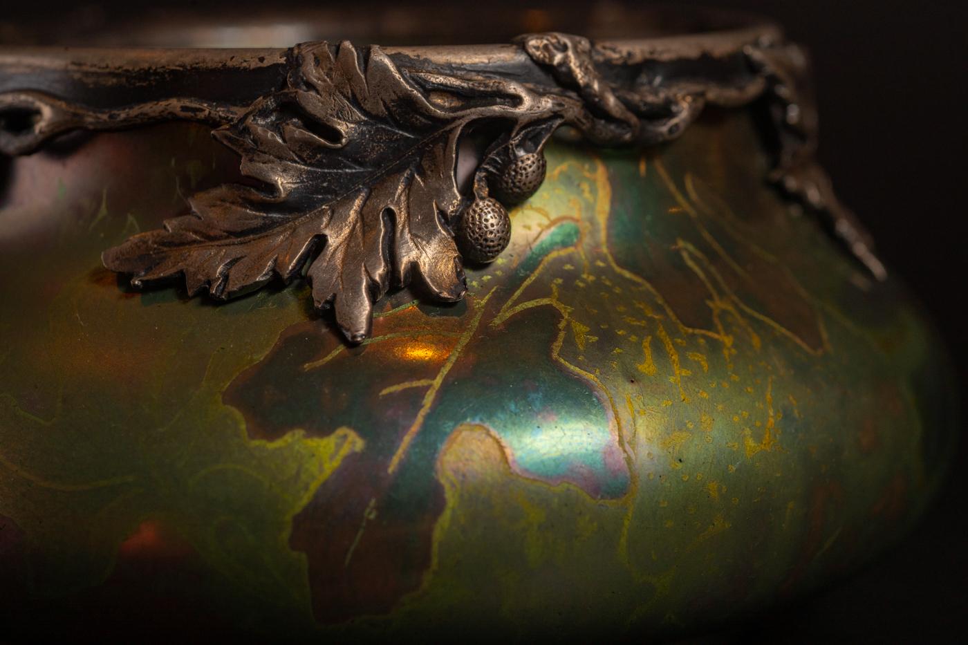 Iridescent Leaf & Berry Art Nouveau Vase w/Silver Collar by Clement Massier In Good Condition For Sale In Chicago, US