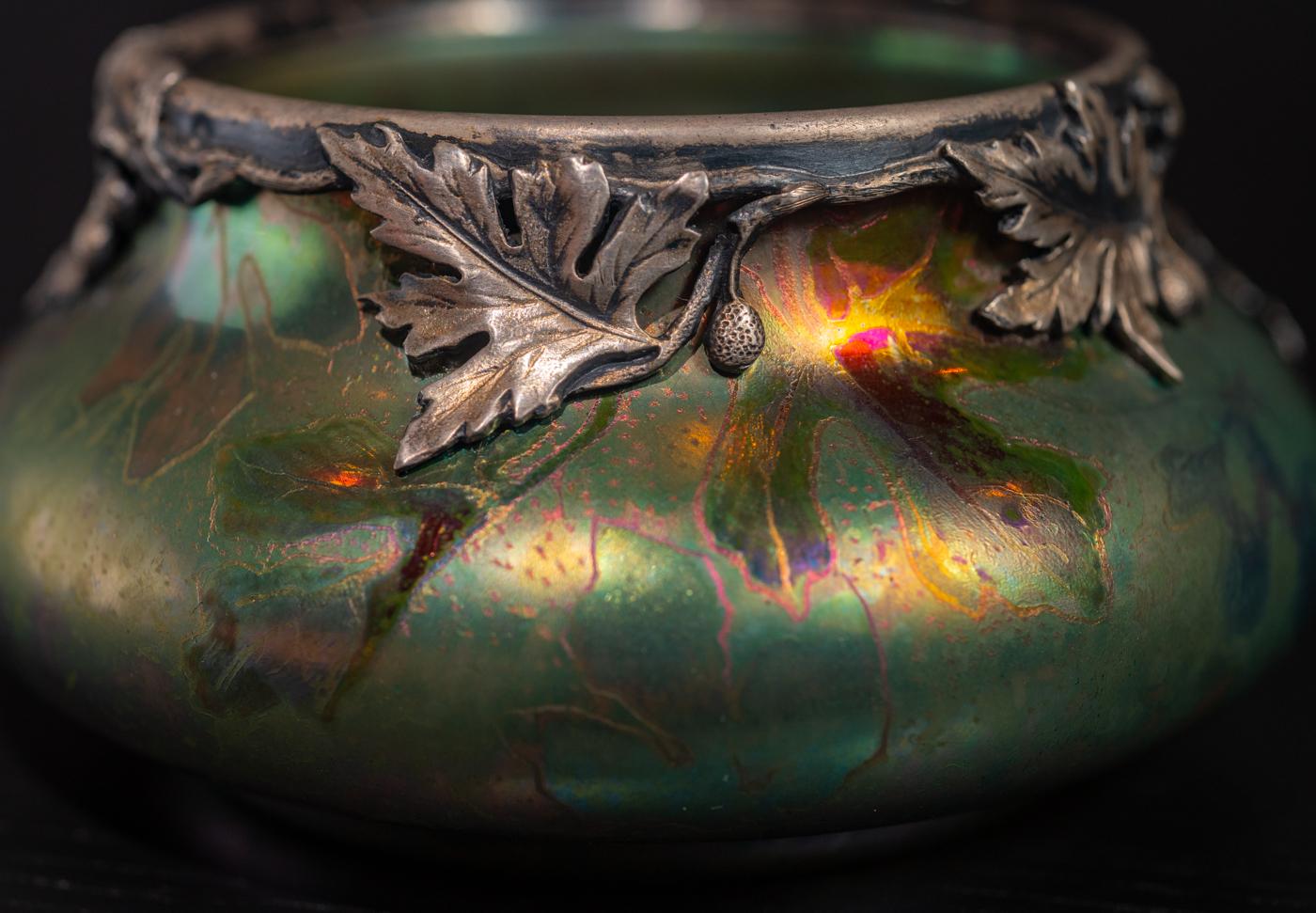 Early 20th Century Iridescent Leaf & Berry Art Nouveau Vase w/Silver Collar by Clement Massier For Sale