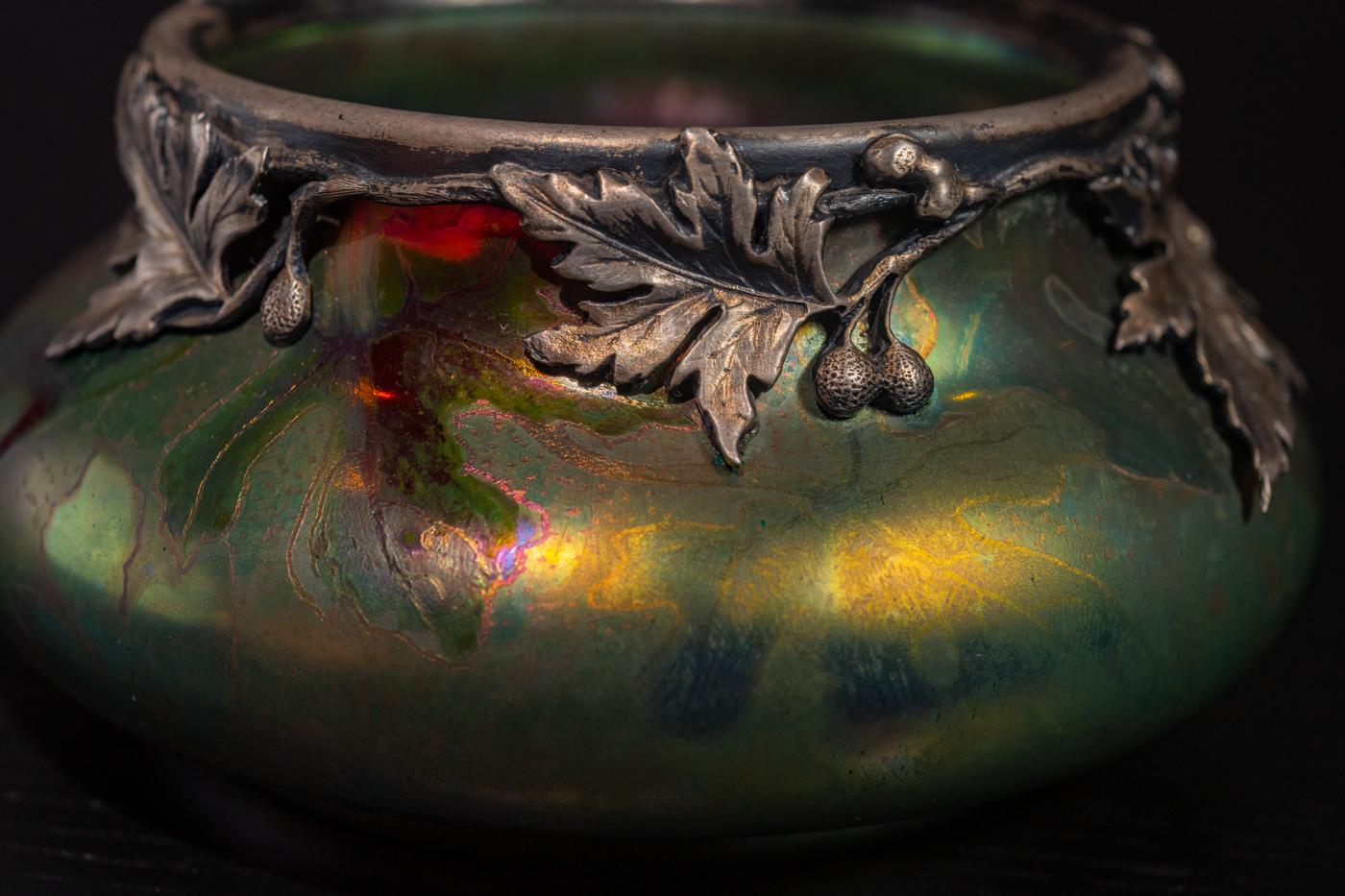 Iridescent Leaf & Berry Art Nouveau Vase w/Silver Collar by Clement Massier For Sale 1
