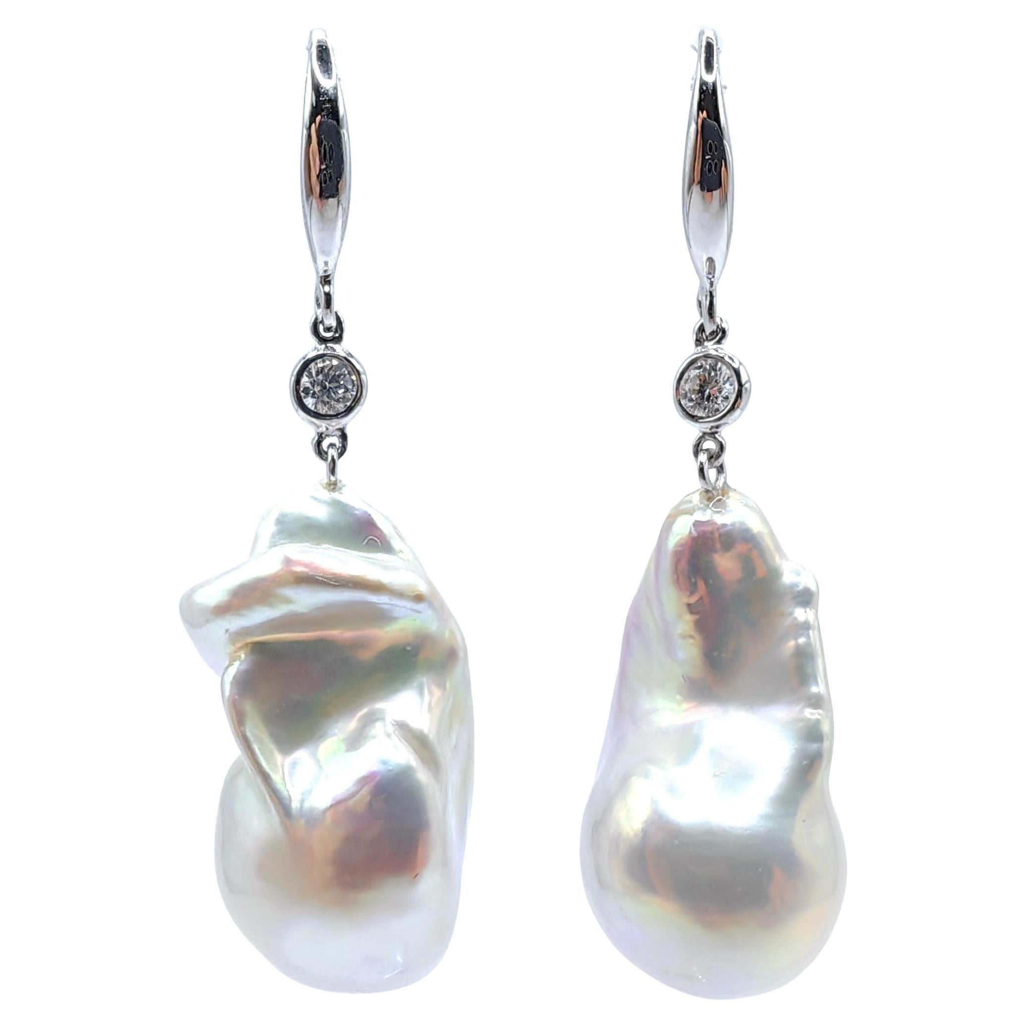Iridescent Metallic White Baroque Pearl Diamond Drop Earrings in 18K White Gold
