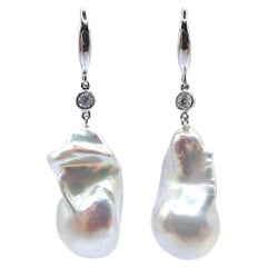Iridescent Metallic White Baroque Pearl Diamond Drop Earrings in 18K White Gold