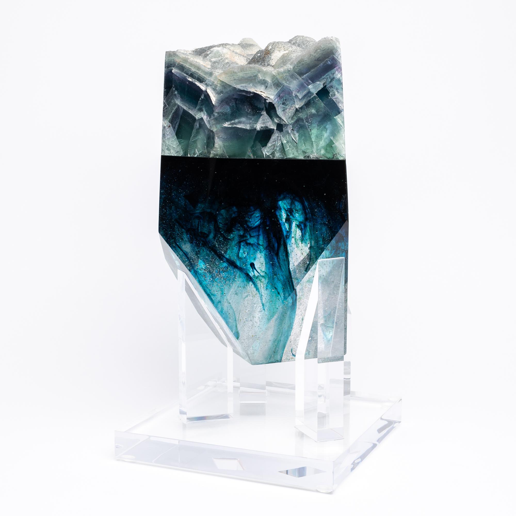Mexican Iridescent Fluorite and Deep Blue Hues Faceted Glass Fusion Sculpture