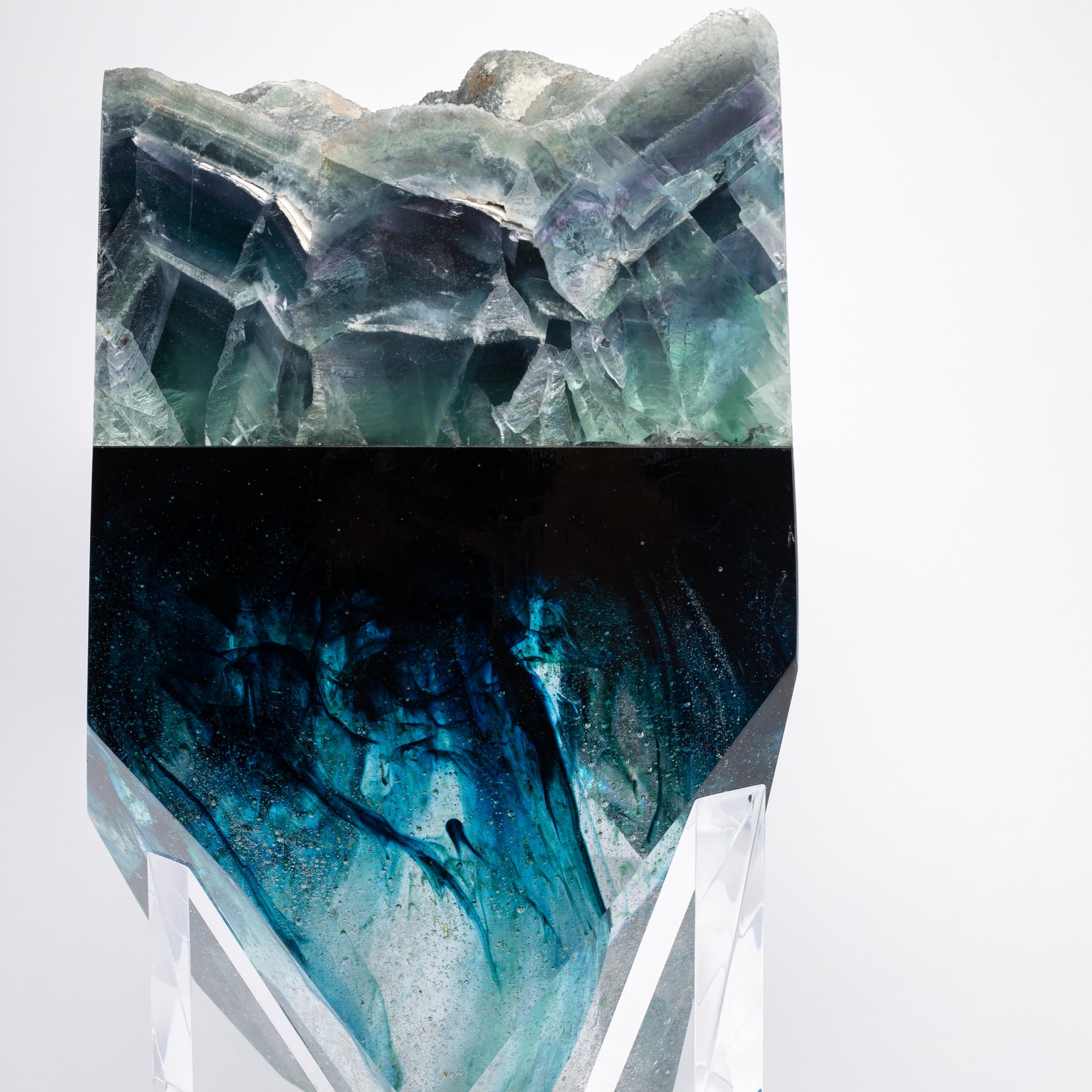 Contemporary Iridescent Fluorite and Deep Blue Hues Faceted Glass Fusion Sculpture