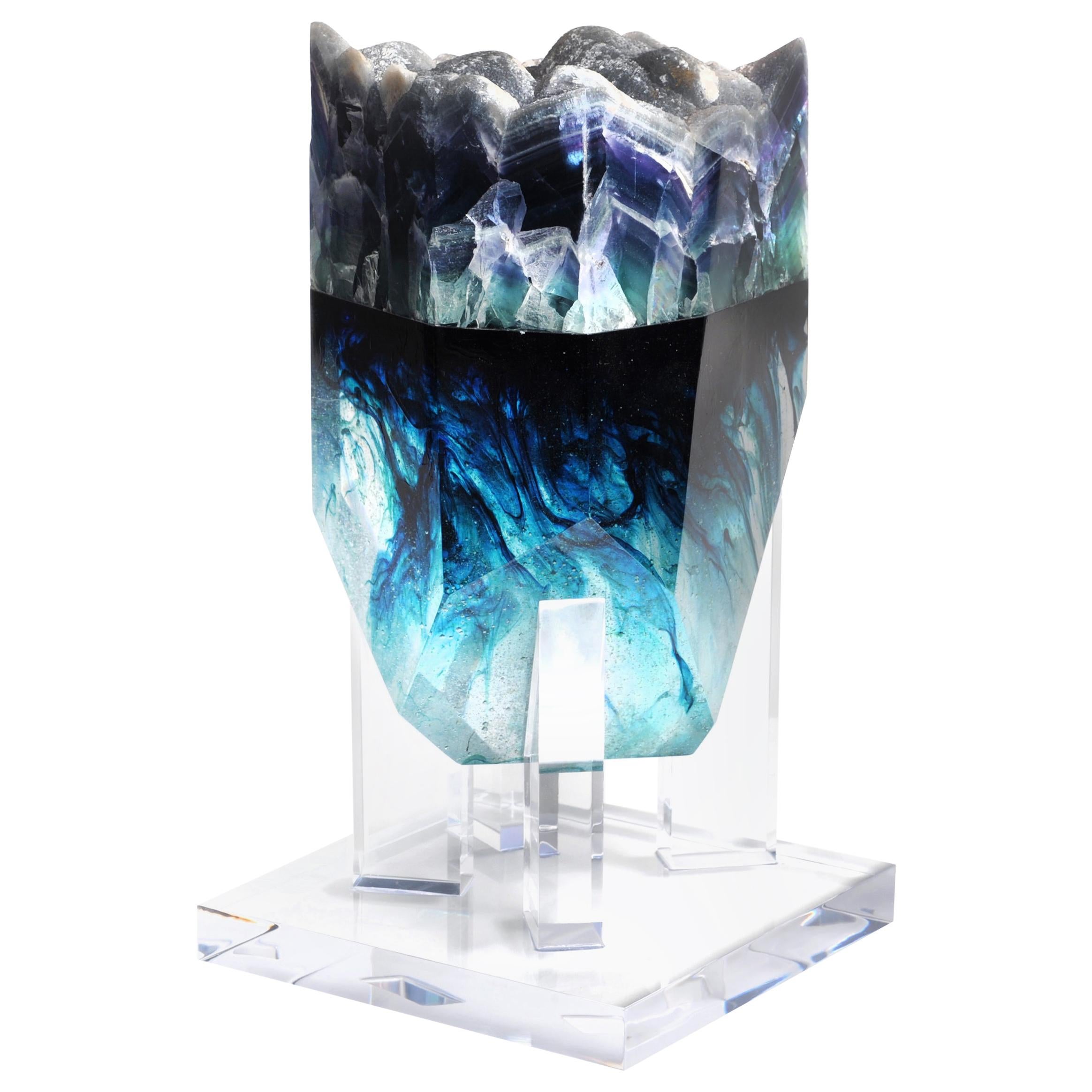Iridescent Fluorite and Deep Blue Hues Faceted Glass Fusion Sculpture