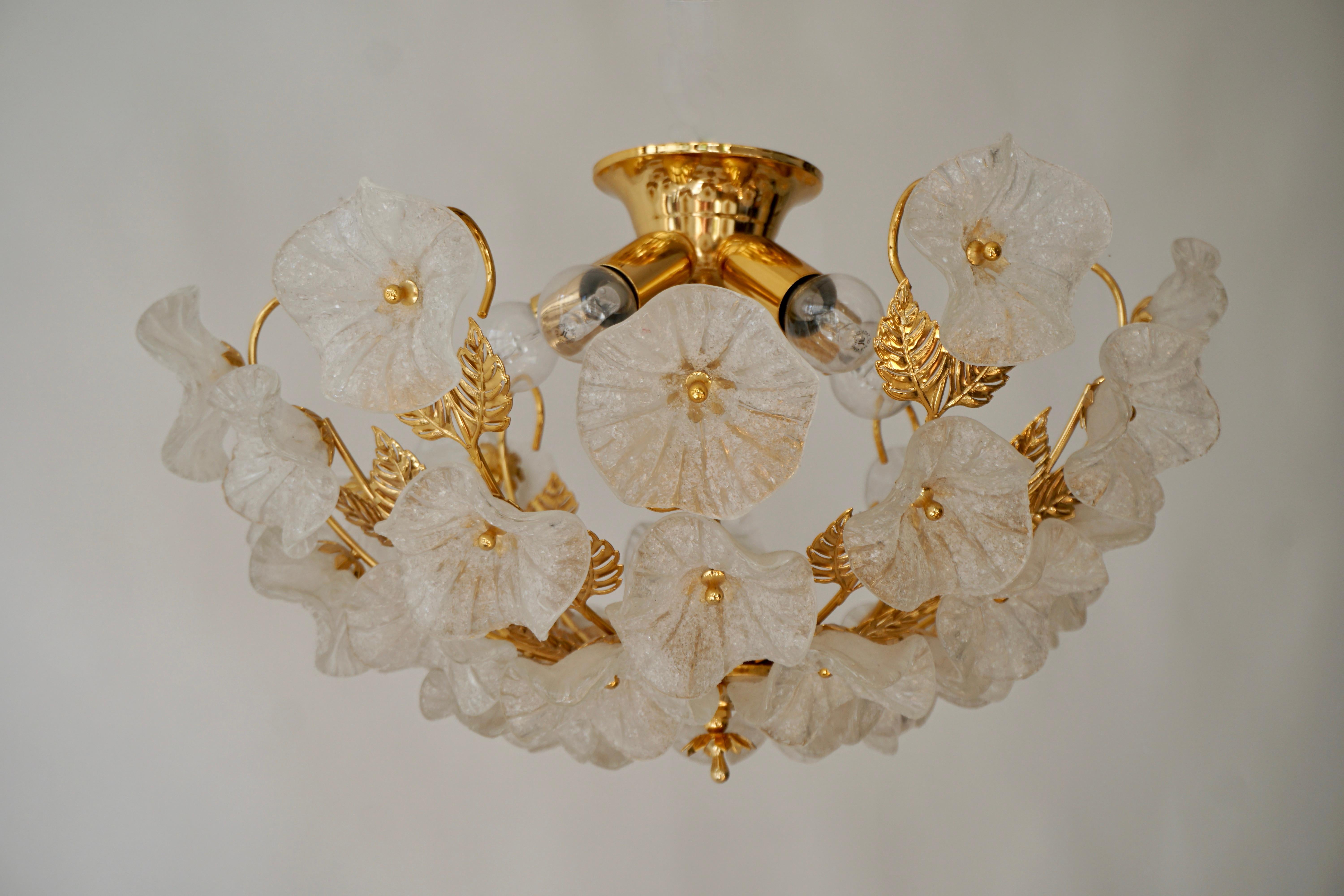 20th Century Iridescent Murano Glass and Brass Floral Flush Mount For Sale