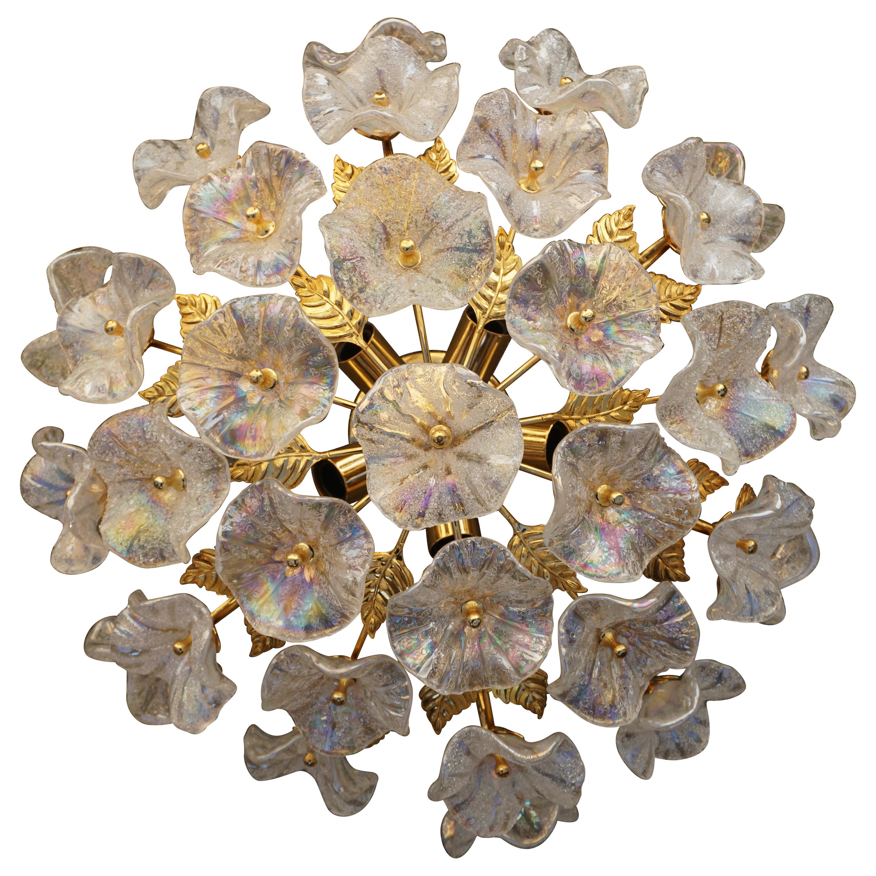 Iridescent Murano Glass and Brass Flower Flush Mount
