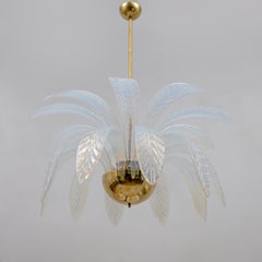 Iridescent Murano Glass and Brass Palm Leaves Chandelier