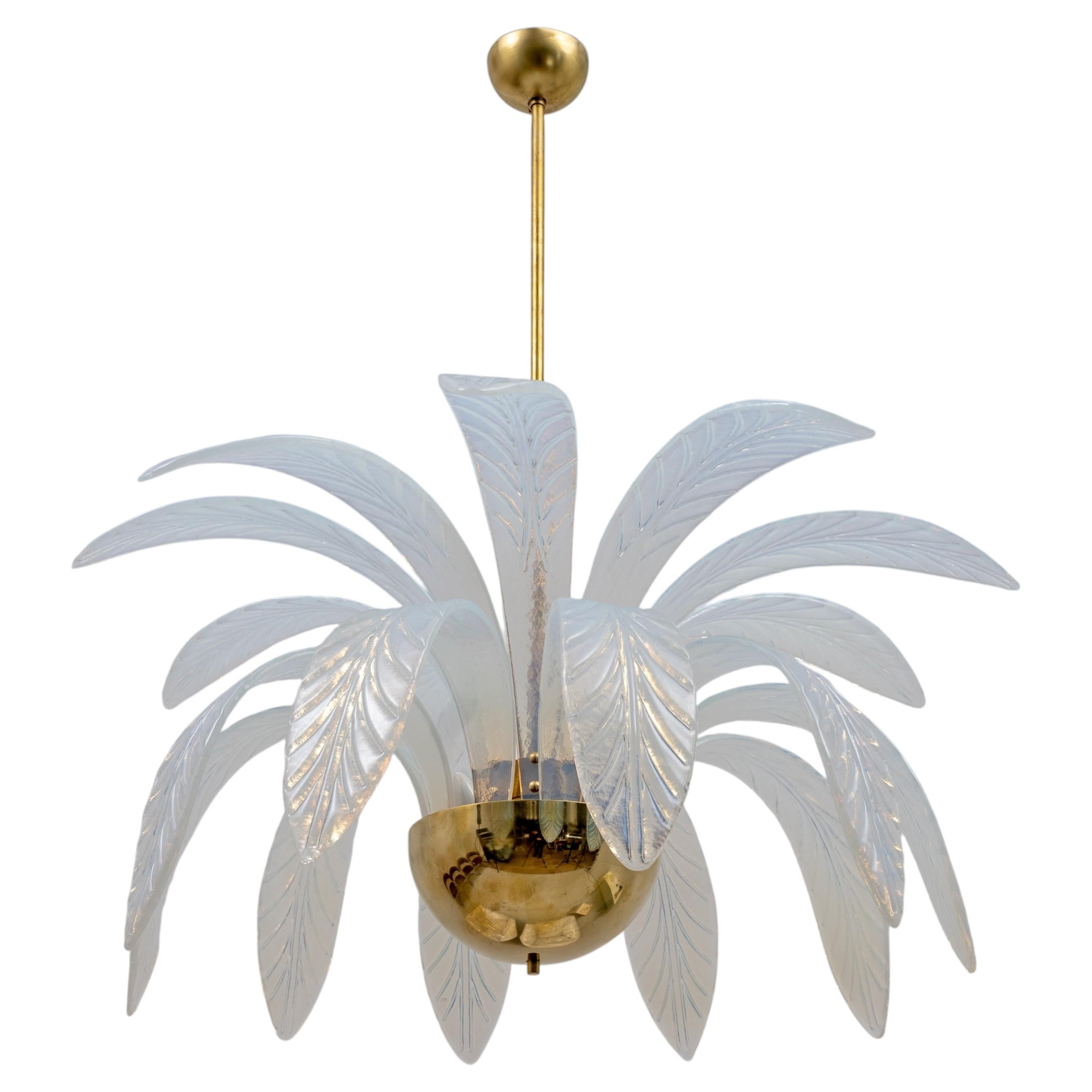 Lustre à feuilles de palmier en verre de Murano irisé et en laiton