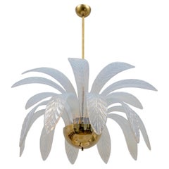 Iridescent Murano Glass and Brass Palm Leaves Chandelier