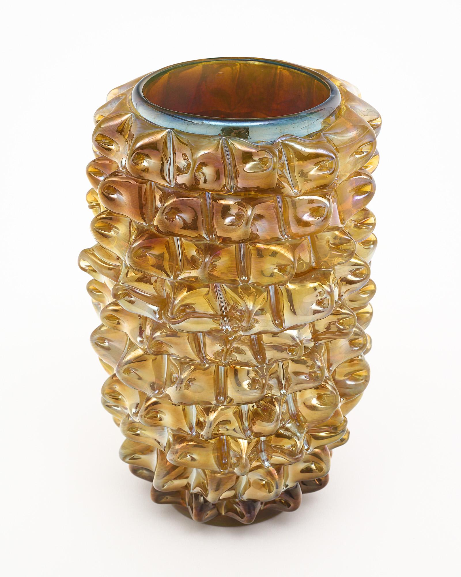 Murano glass vase; Italian; from the island of Murano and crafted in the manner of Barovier. This hand-blown piece has a is made using the incamiciato technique where several layers of varying colors are used to create a unique color and depth. It