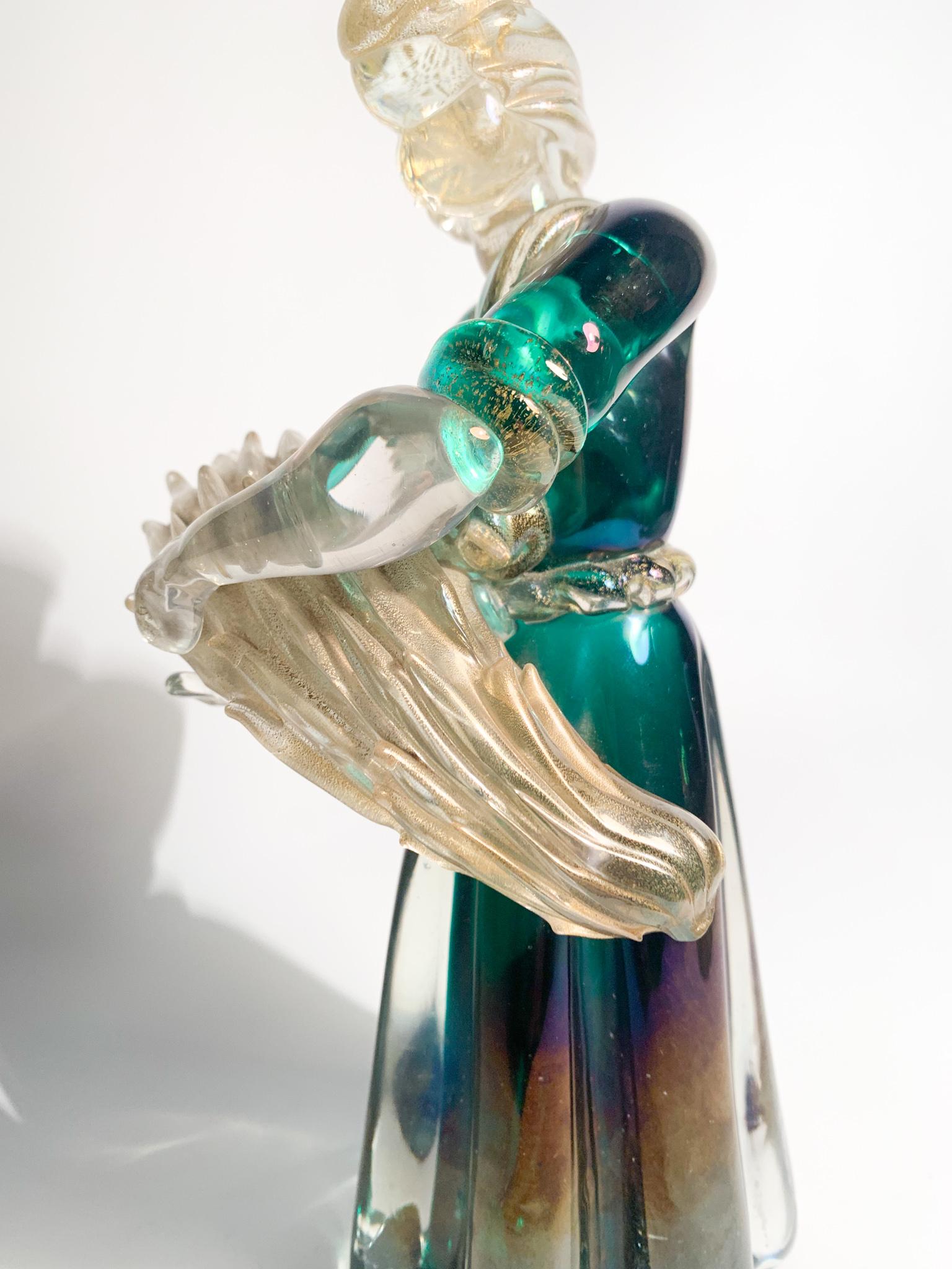 Iridescent Murano Glass Sculpture with Gold Leaves by Archimede Seguso 1940s For Sale 5