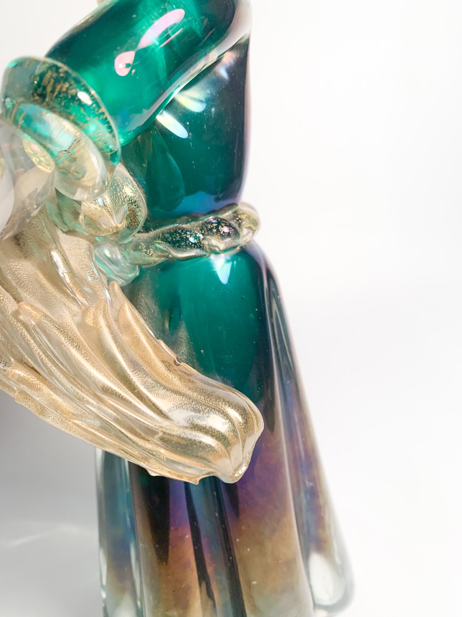 Iridescent Murano Glass Sculpture with Gold Leaves by Archimede Seguso 1940s For Sale 7