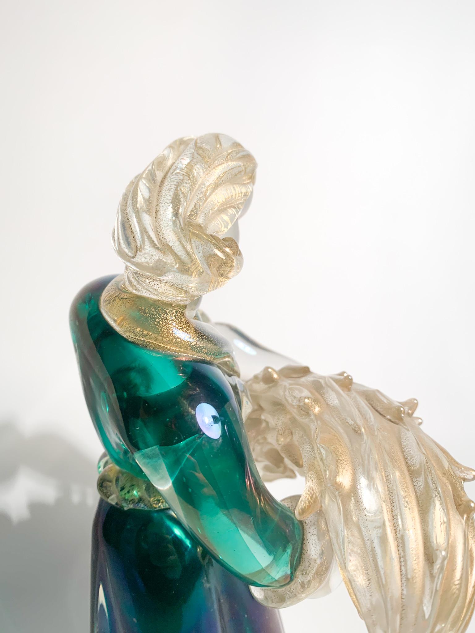Iridescent Murano Glass Sculpture with Gold Leaves by Archimede Seguso 1940s In Good Condition For Sale In Milano, MI