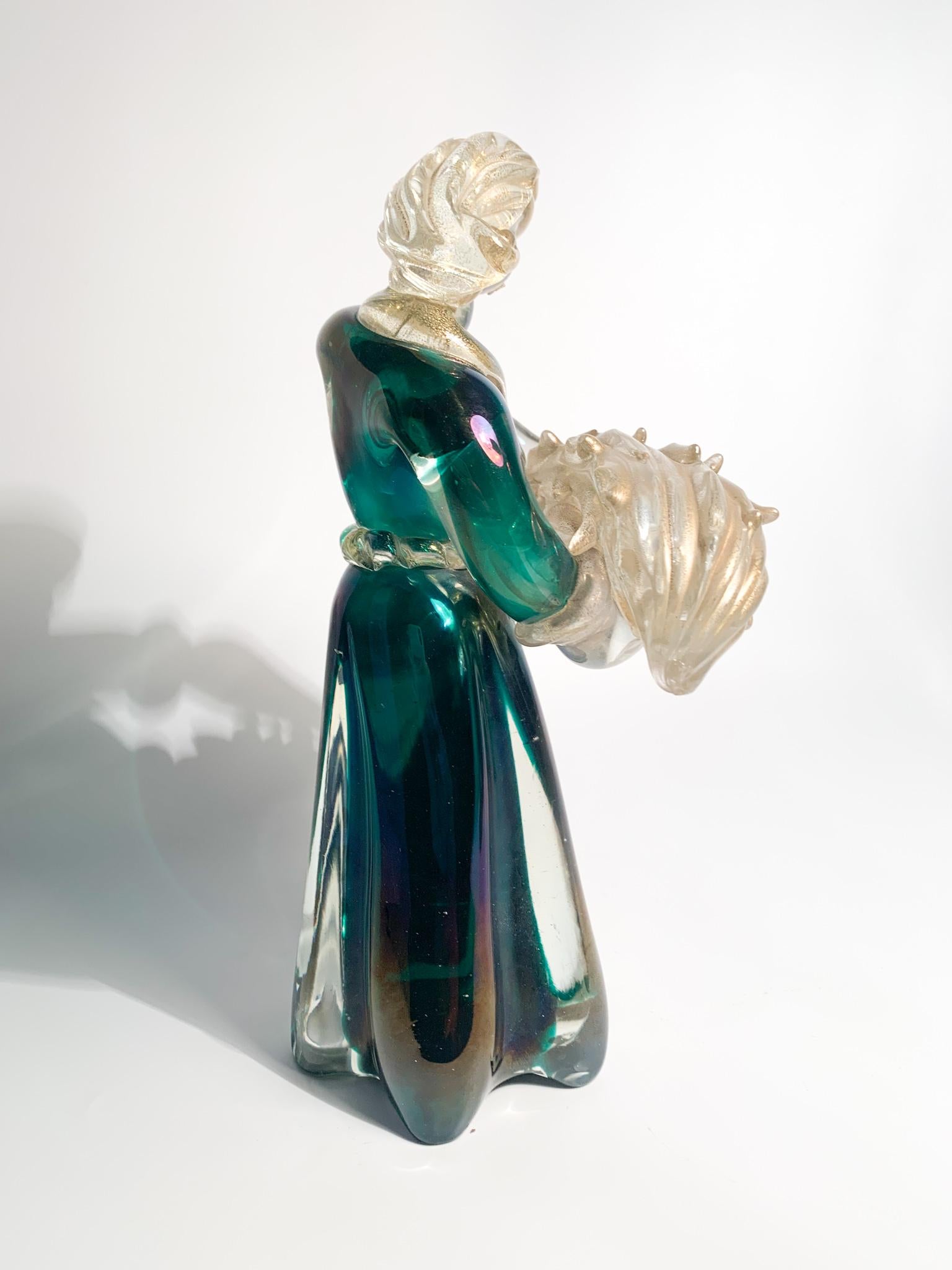 Mid-20th Century Iridescent Murano Glass Sculpture with Gold Leaves by Archimede Seguso 1940s For Sale