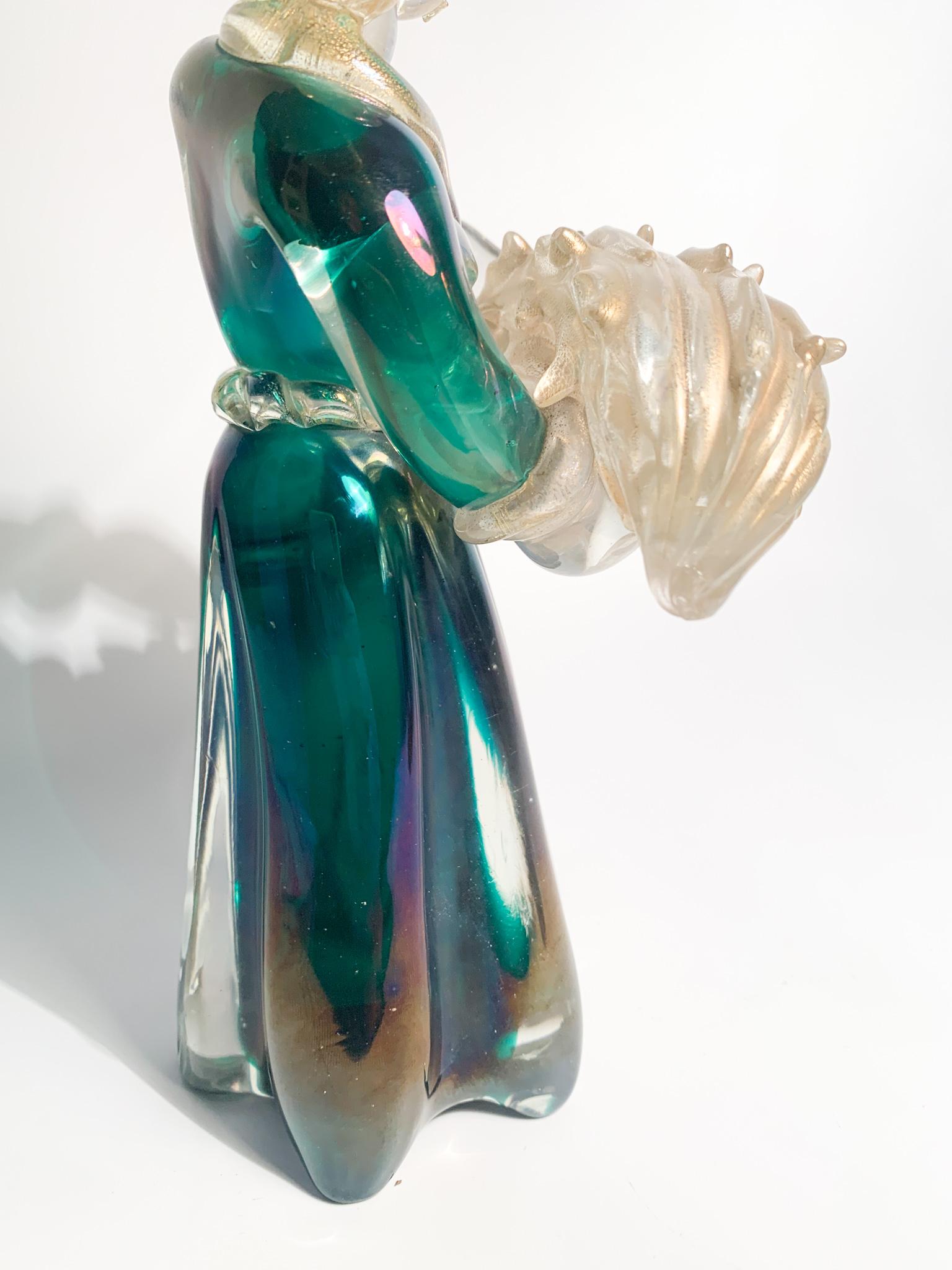 Iridescent Murano Glass Sculpture with Gold Leaves by Archimede Seguso 1940s For Sale 1