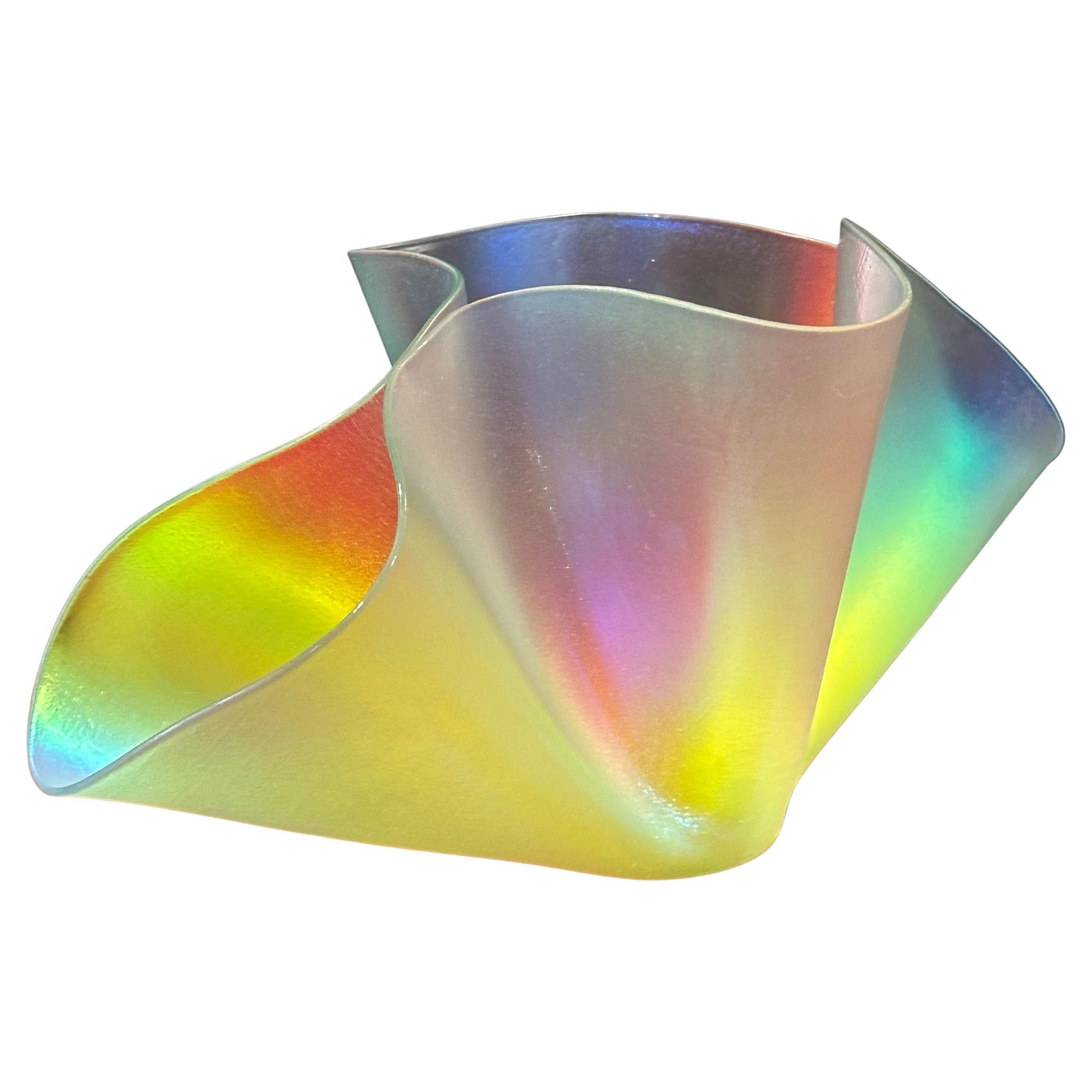 Stunning iridescent footed art glass vase by M.J. Bailey, circa 1990s.  The vase is in very good vintage condition and measures 14.5
