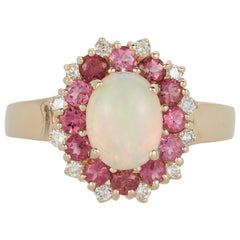 Iridescent Oval Opal Pink Tourmaline White Diamond Halo Ring 14 Karat Gold