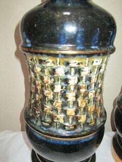 Iridescent Pair of Black and Gold Ceramic High Glaze Mid Century Table Lamps