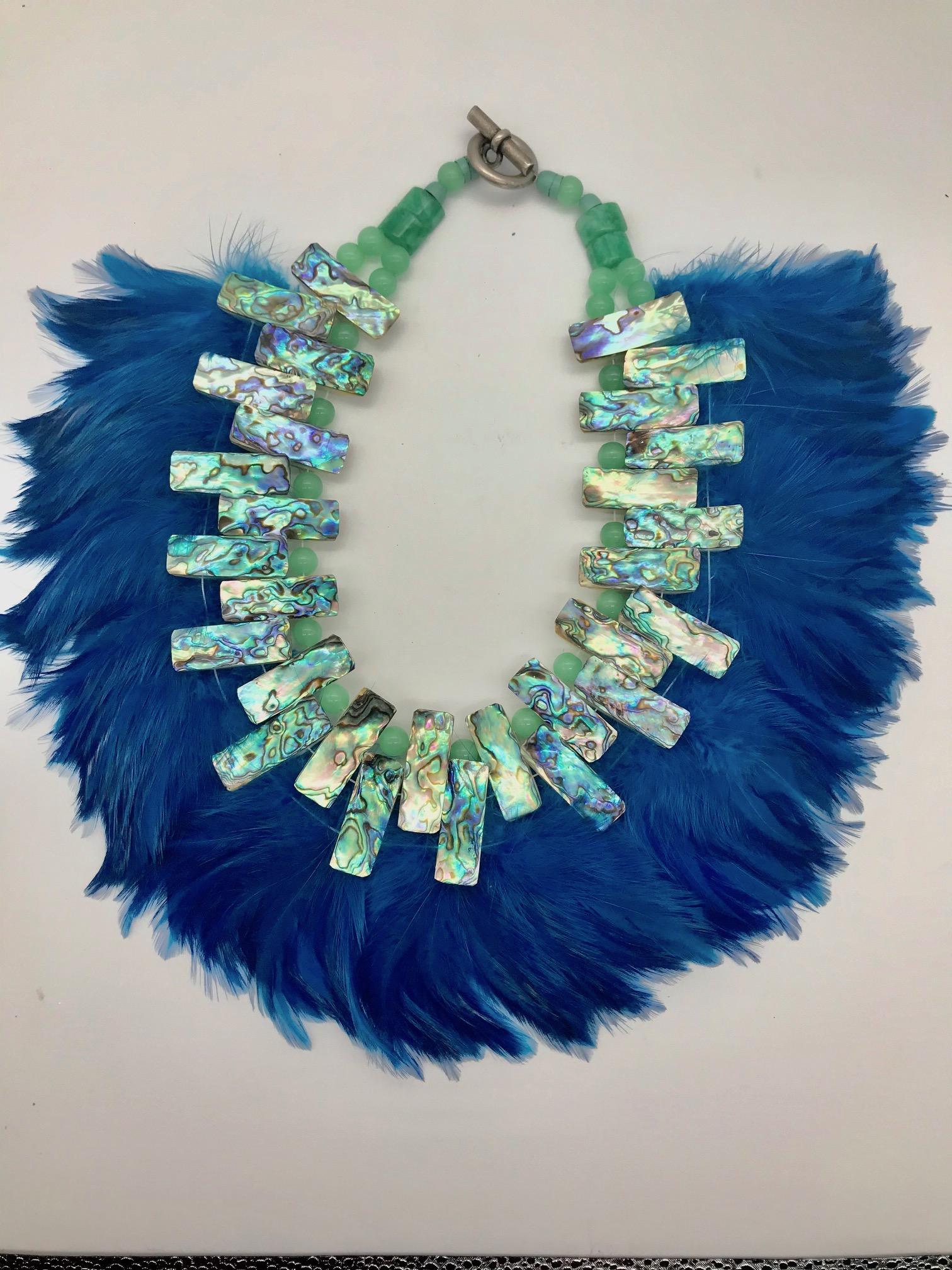 Paua /Abalone ,theatrical Statement Necklace was created for a theater in WDC. I was also worn at the Fashion Show in Sri Lanka during a Literary/Art Fest in Galle.This creation comprises beautifully iridescent Paua beads and royal blue