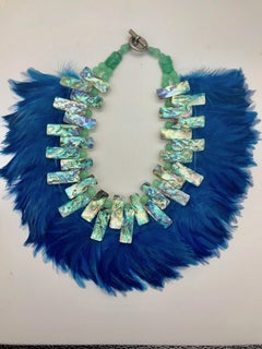 Iridescent Paua/Abalone , Blue  Feathers , Statement Necklace, by Sylvia Gottwald