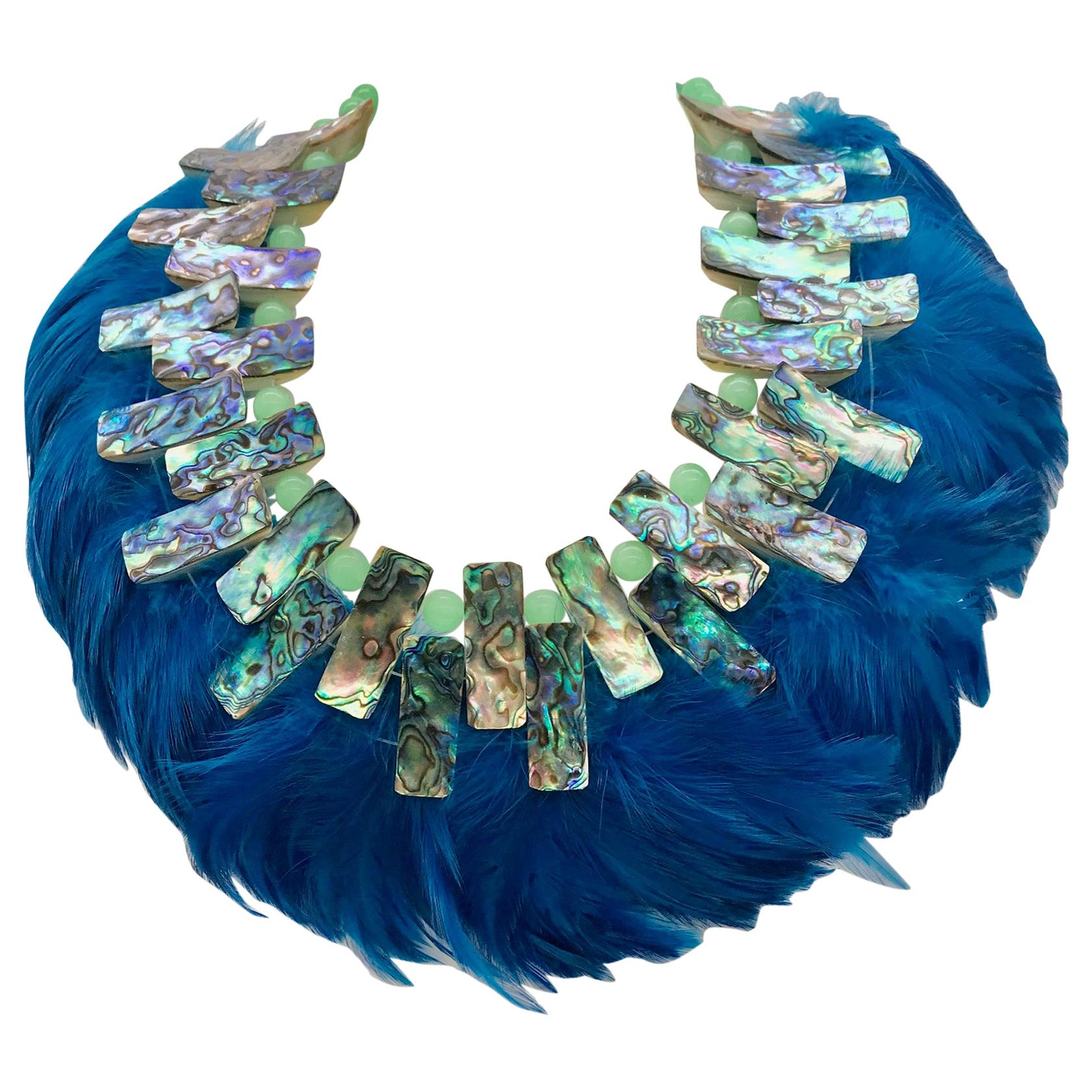 Iridescent Paua/Abalone , Blue  Feathers , Statement Necklace, by Sylvia Gottwald For Sale