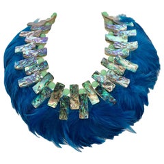 Iridescent Paua/Abalone , Blue  Feathers , Statement Necklace, by Sylvia Gottwald