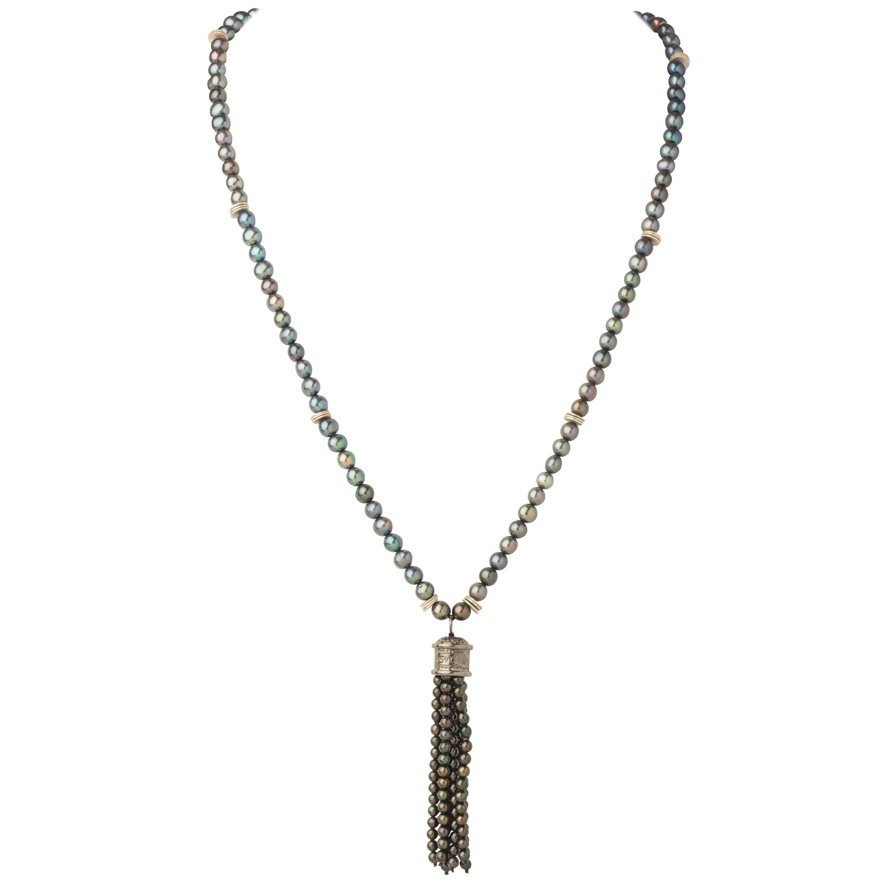Iridescent Pearl Sterling Silver Tassel Pendant Necklace