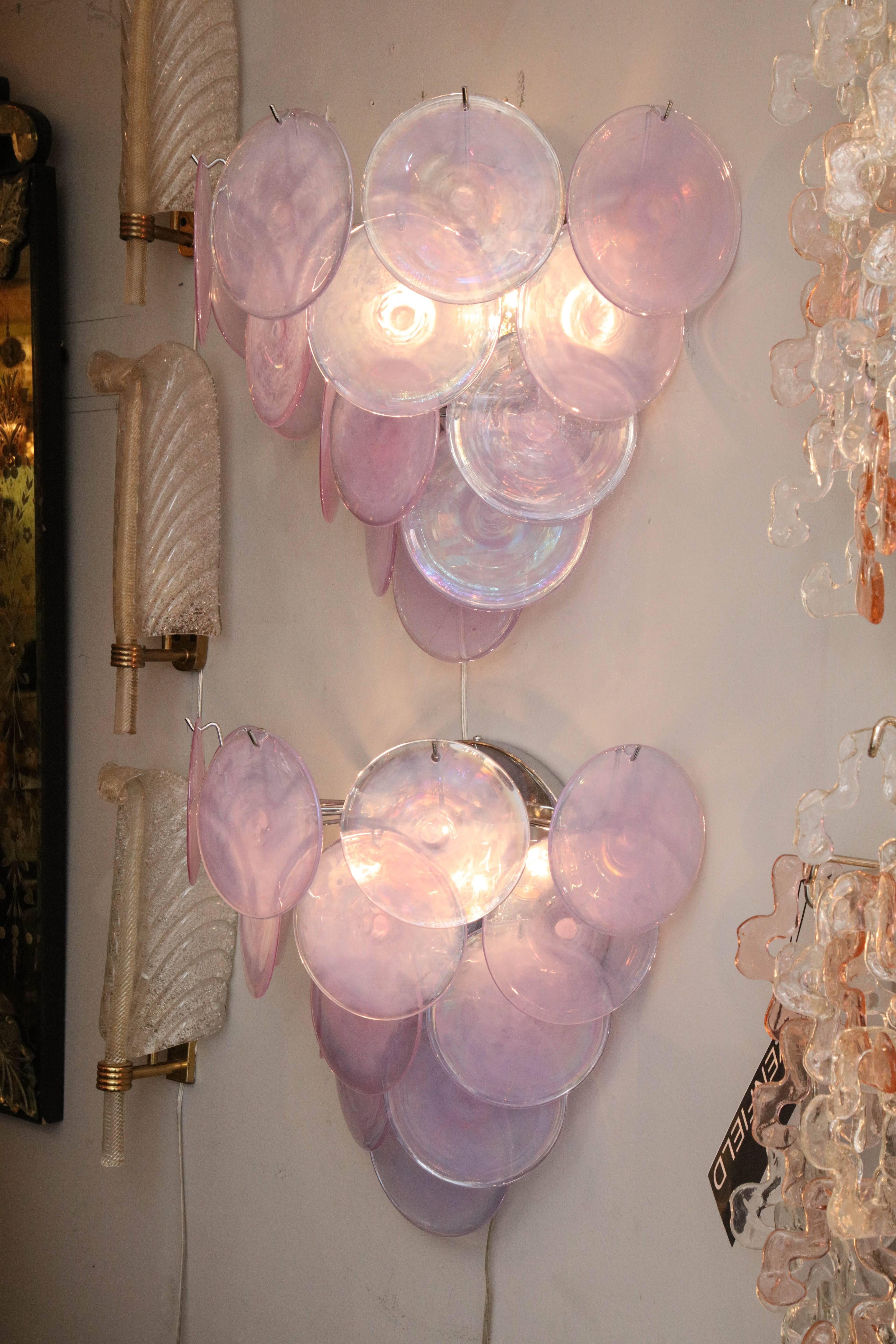Made-to-order Alex Iridescent Murano glass disc sconces. Orders are available for different glass colors, sizes, and finishes.
