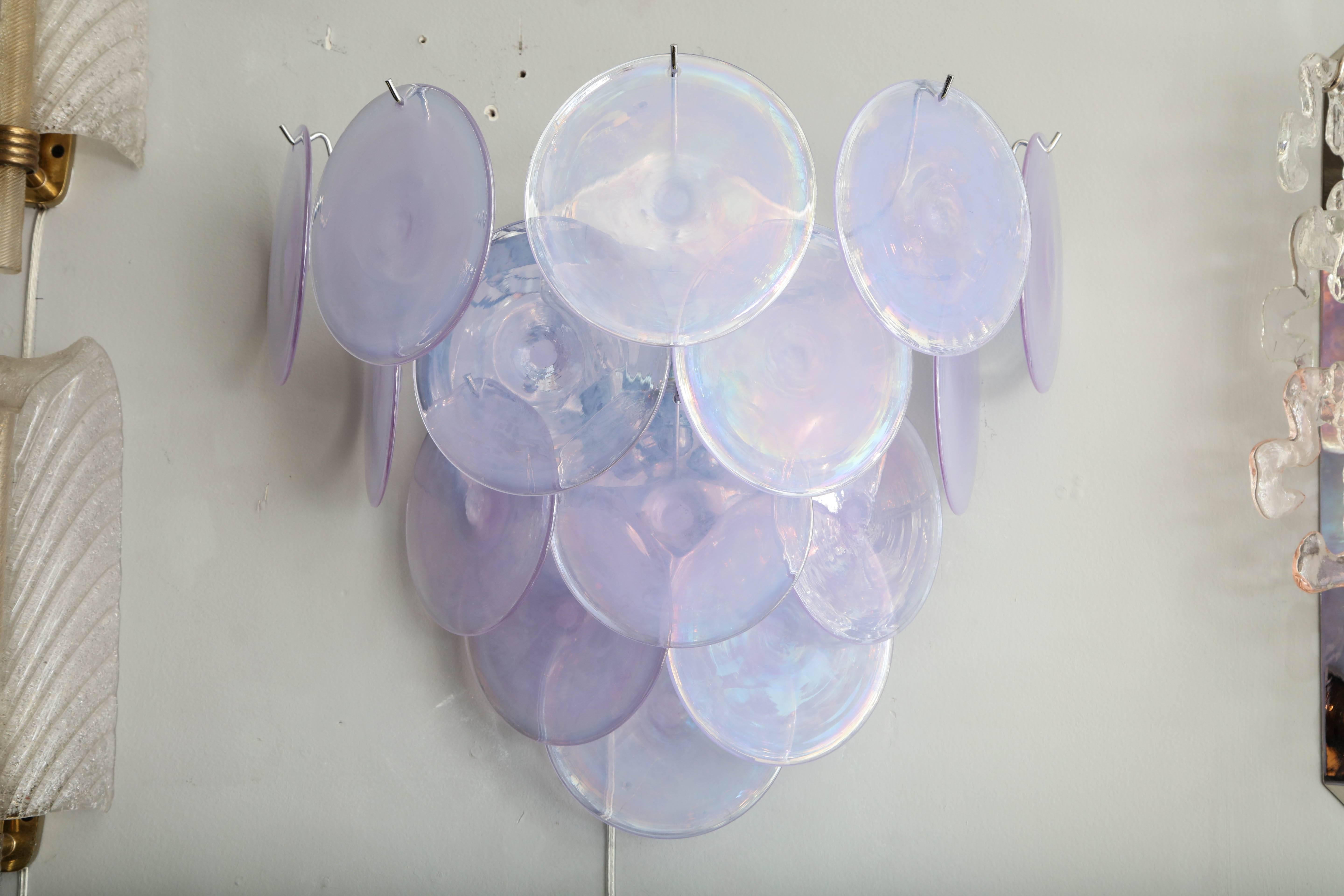 Custom Pair of Alex Iridescent Murano Glass Disc Sconces For Sale 2
