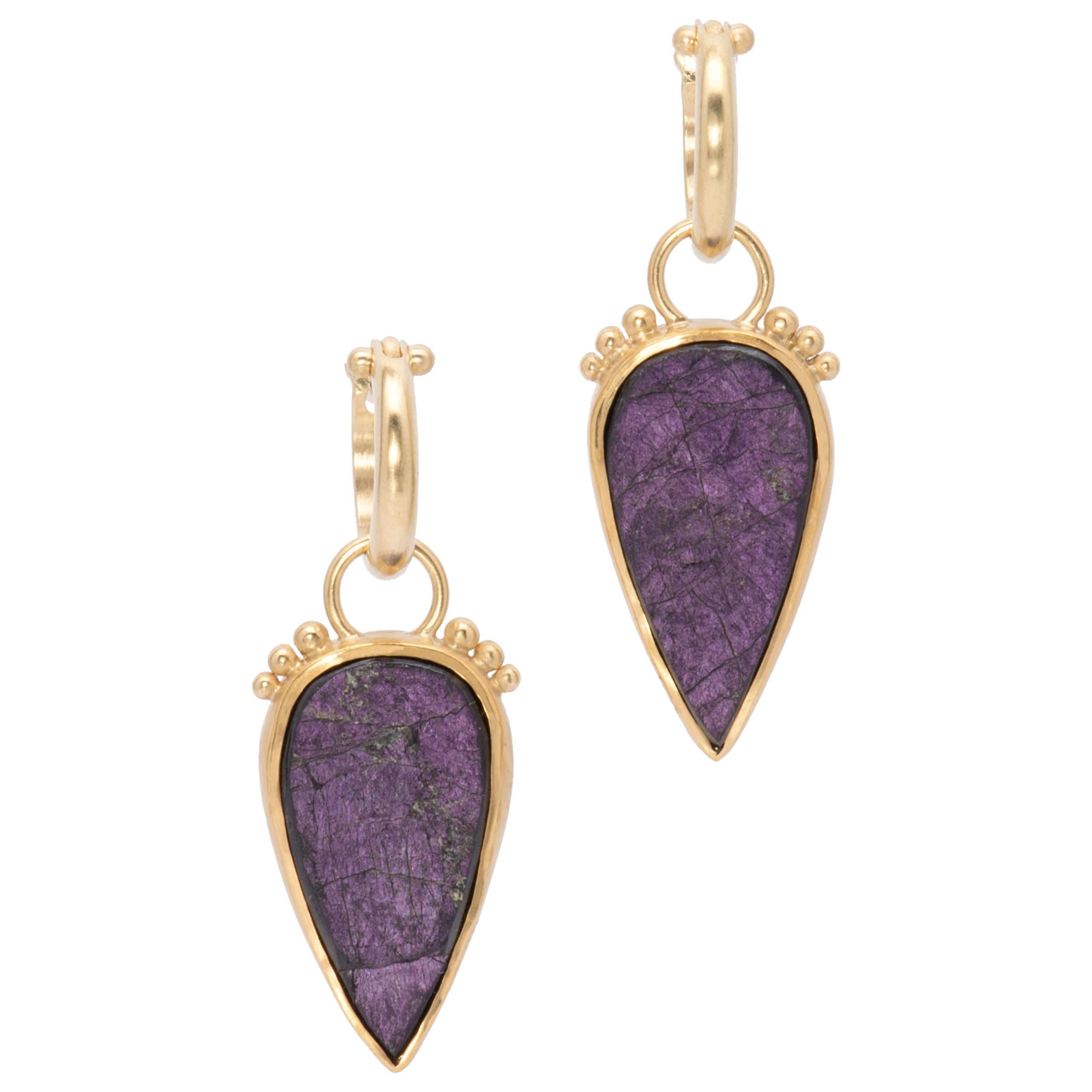 Iridescent Purpurite Teardrop Earrings in 22 Karat and 18 Karat Gold For Sale