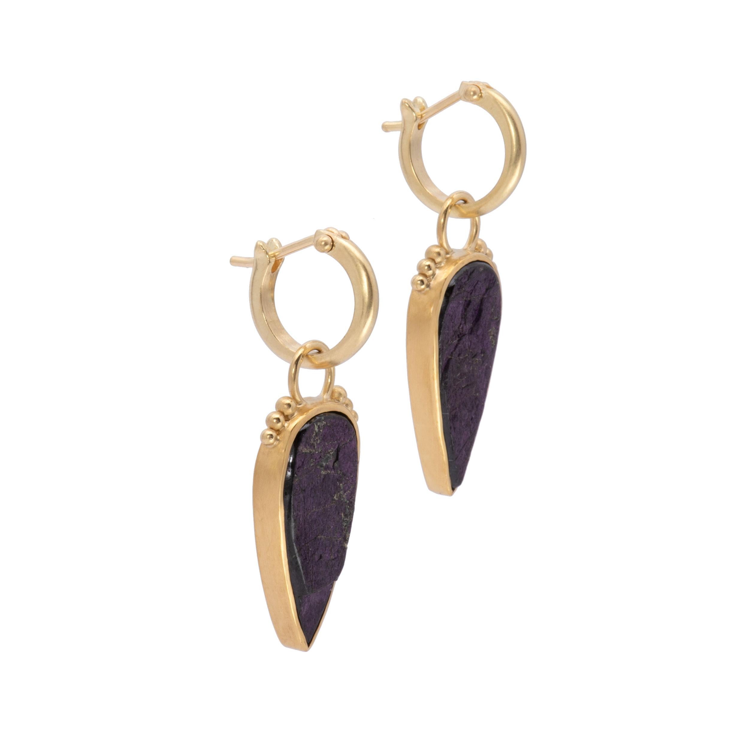 Iridescent Purpurite Teardrop Earrings are framed in 22k and 18k gold and hang from small plain hoops which click tightly shut for security. Satiny pinkish purple tones shine like dragonfly wings in sunlight in these teardrop earrings which are set