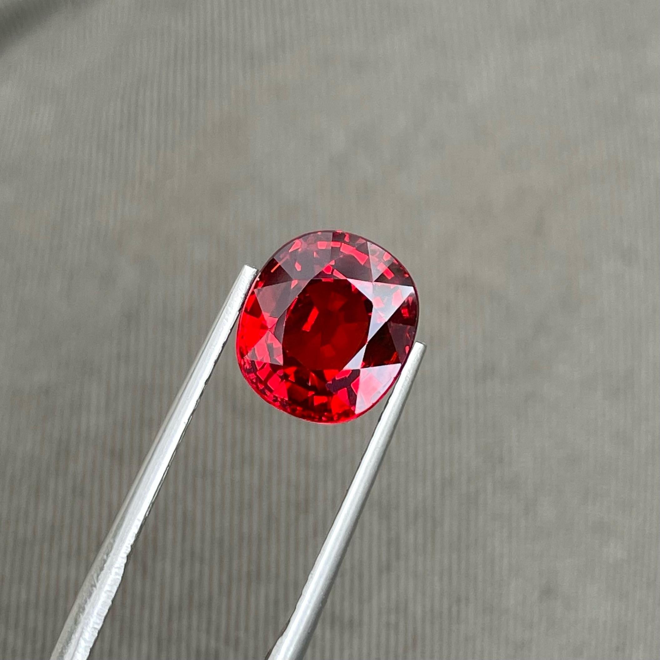 Weight 6.15 carats 
Dimensions 10.5 x 9.4 x 6.6 mm
Treatment None 
Origin Tanzania 
Clarity VVS (Very, Very Slightly Included)
Shape Oval 
Cut Fancy Oval 


Discover the allure of a rare and vibrant Red Spessartite Garnet, meticulously cut into a