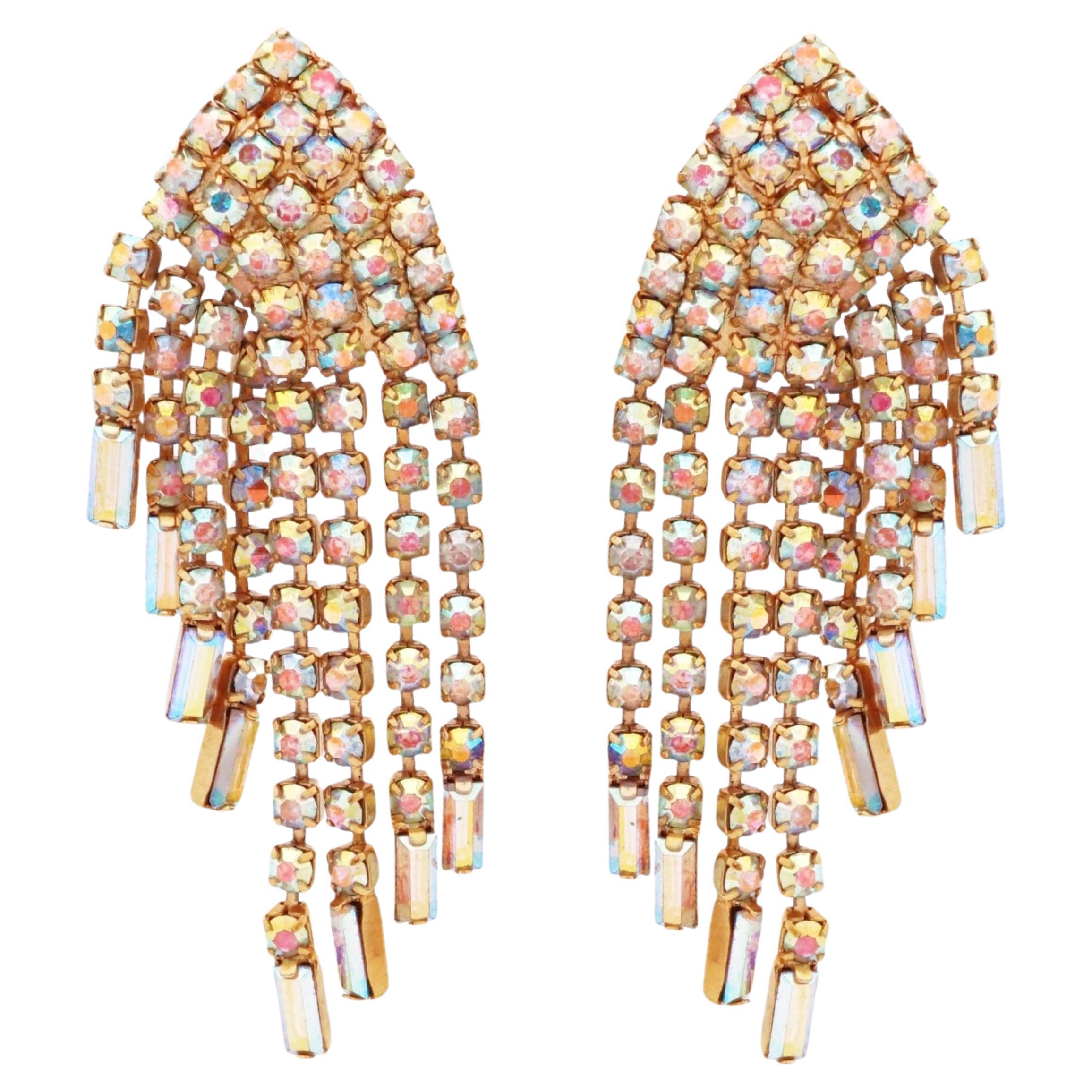 Iridescent Rhinestone Waterfall Fringe Earrings, 1960s For Sale