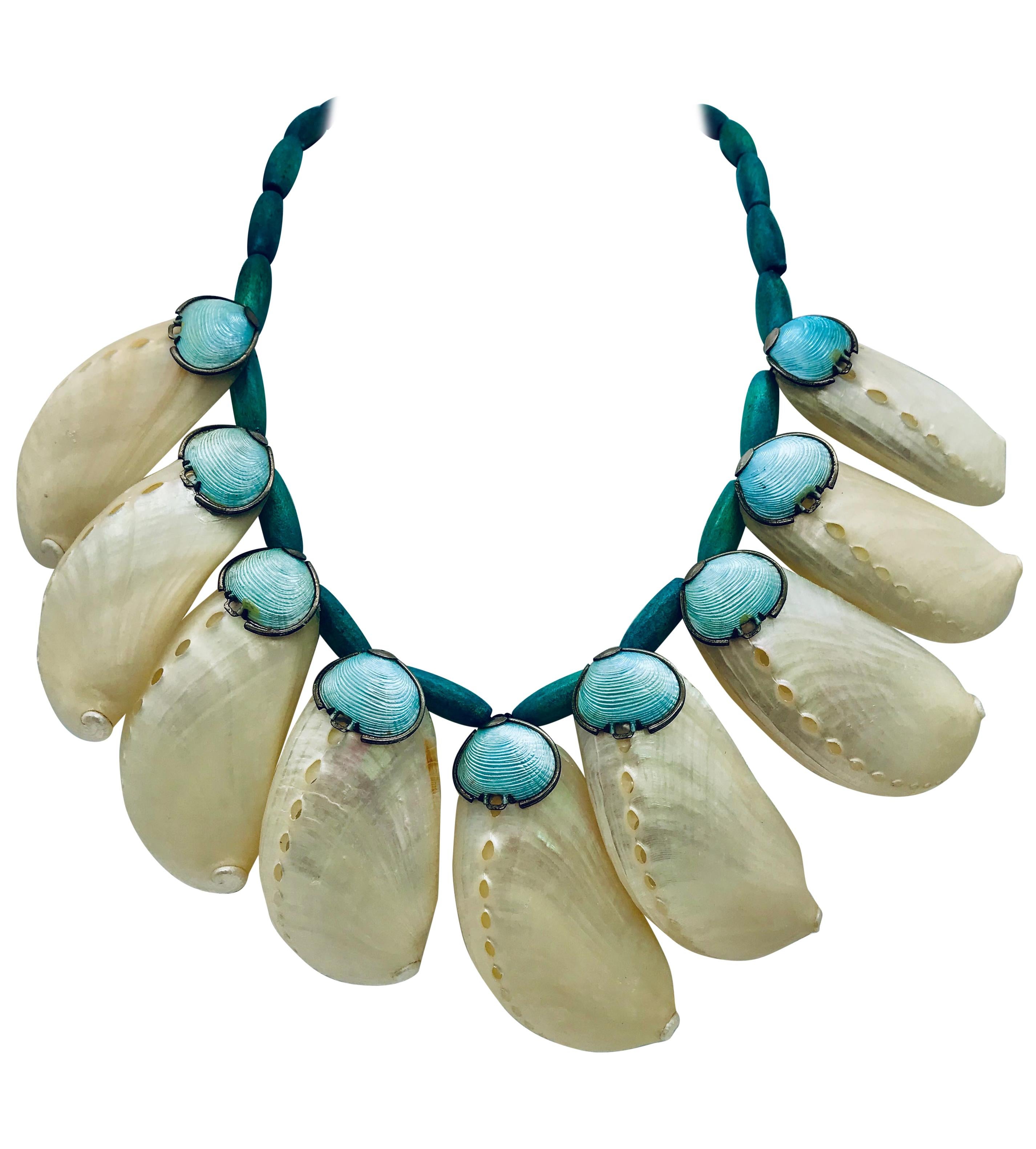 Iridescent Shells with Art Deco Elements Summer Necklace by Sylvia Gottwald For Sale