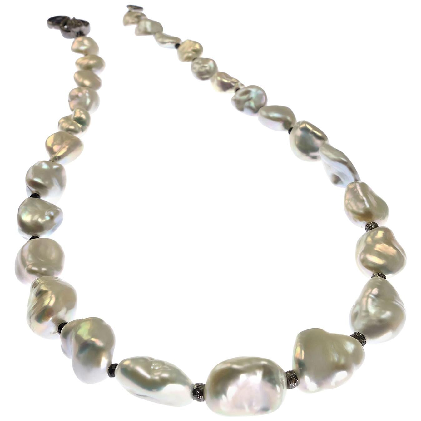 AJD Iridescent Silver Baroque Pearl Necklace and Diamond Accents 17 Inch In New Condition For Sale In Raleigh, NC