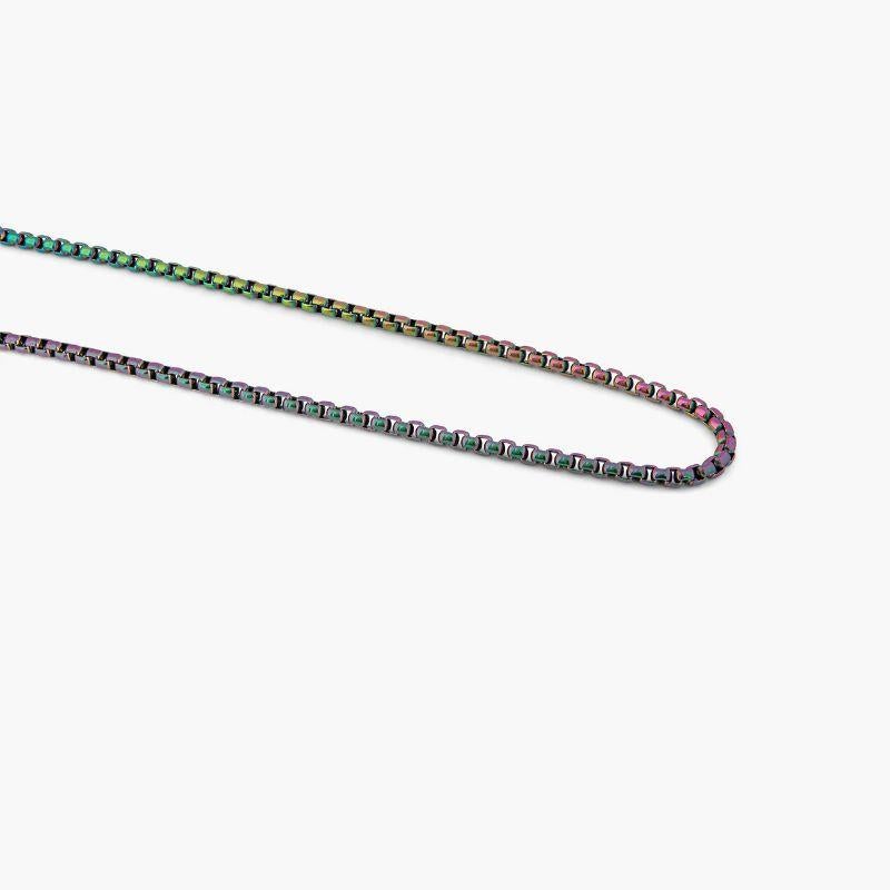 Iridescent Stainless Steel Kaleidoscope Chain

This steel box chain necklace features a unique iridescent finish giving it a rainbow effect that changes depending on the light and angle. A bold addition to necklace layering is an eye-catching piece