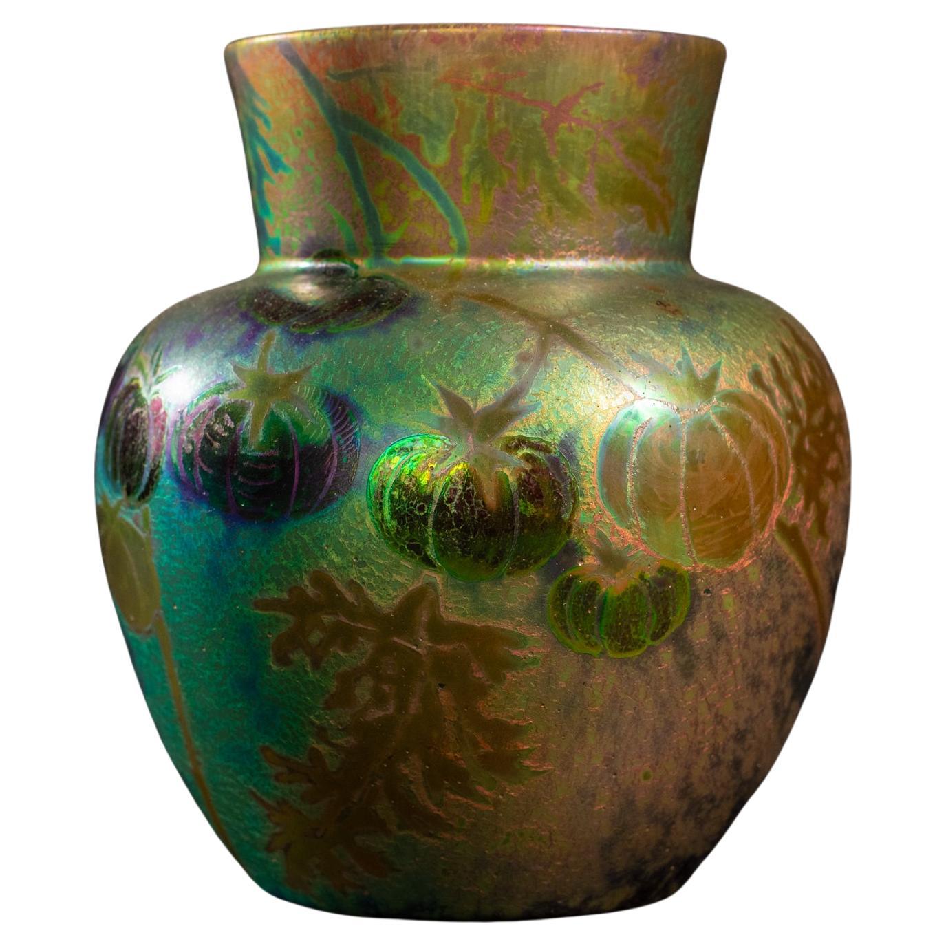 Iridescent Tomato Art Nouveau Vase by Clement Massier For Sale