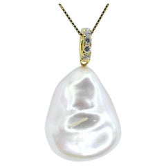 Iridescent White Baroque Pearl Diamond Necklace Pendant in 18K Yellow Gold