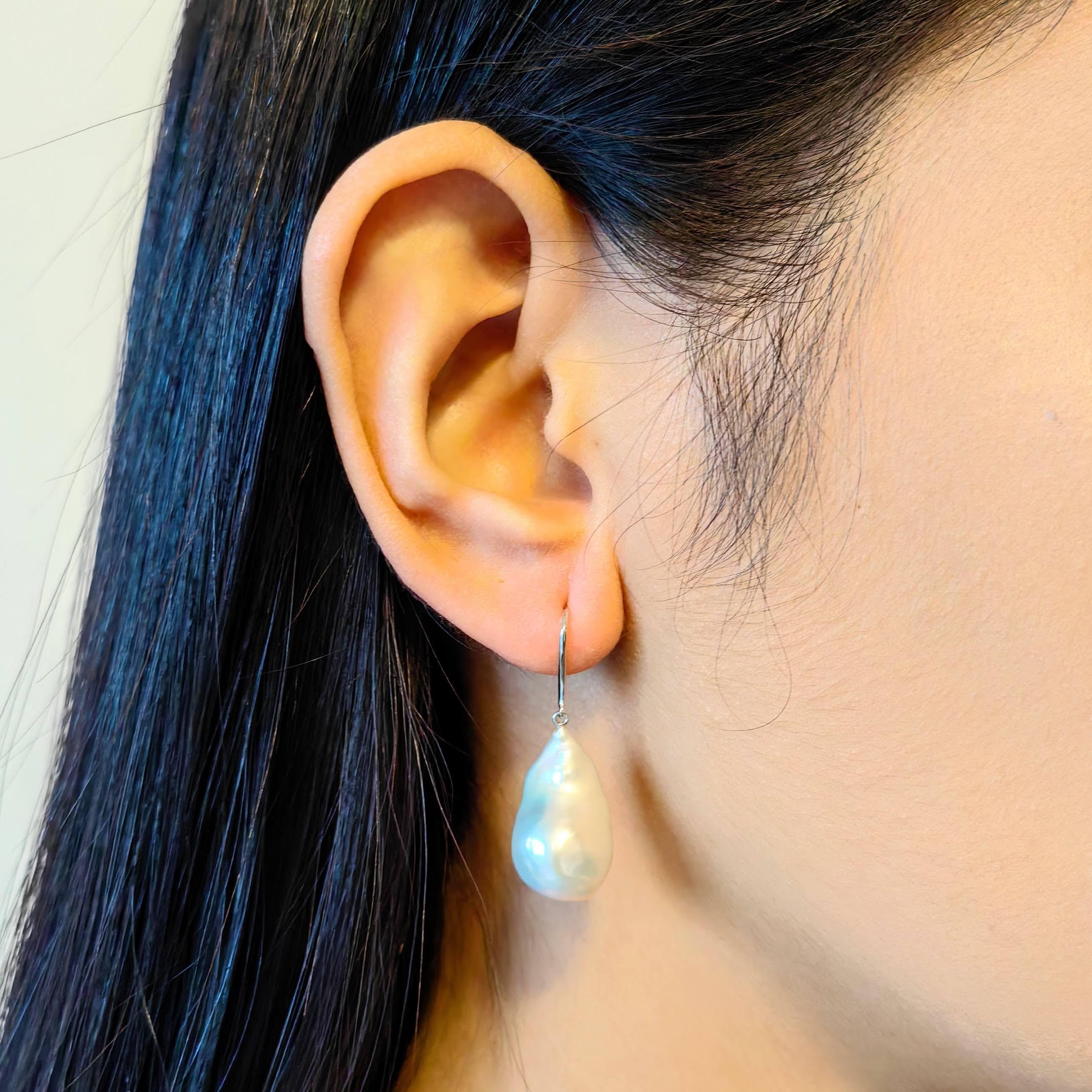Iridescent White Baroque Pearl Drop Earrings With 18K White Gold French Hooks For Sale 4