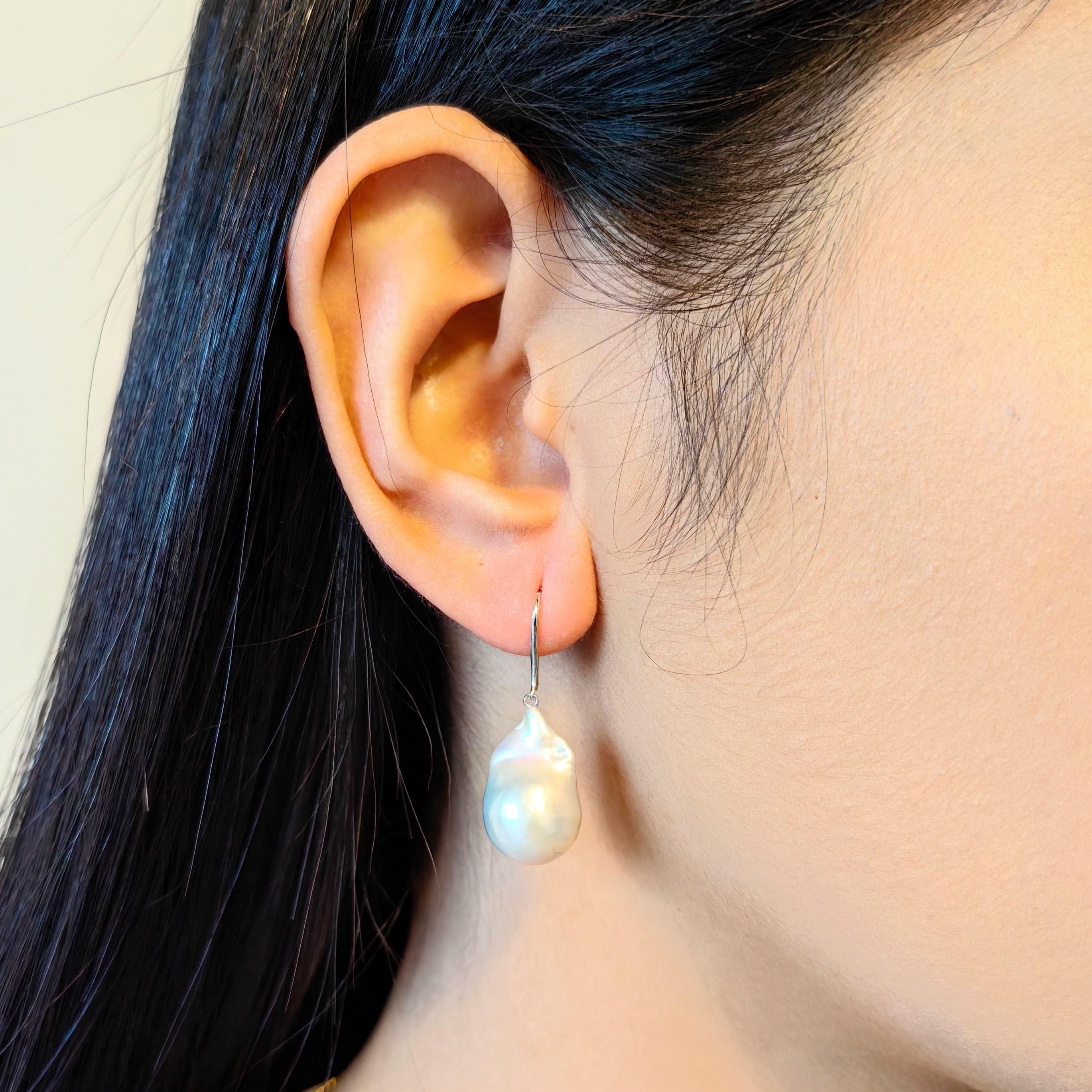 Iridescent White Baroque Pearl Drop Earrings With 18K White Gold French Hooks For Sale 5
