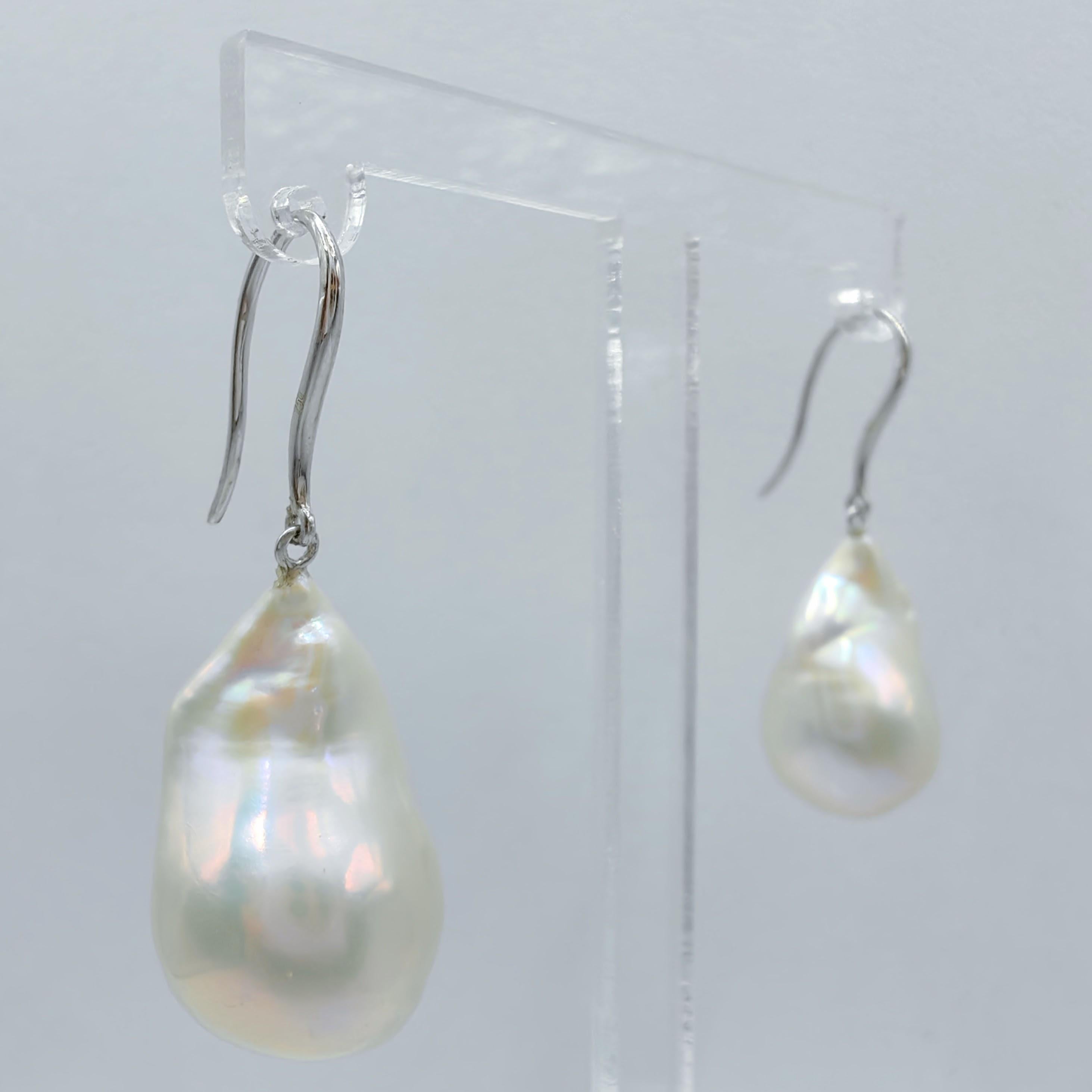 Uncut Iridescent White Baroque Pearl Drop Earrings With 18K White Gold French Hooks For Sale