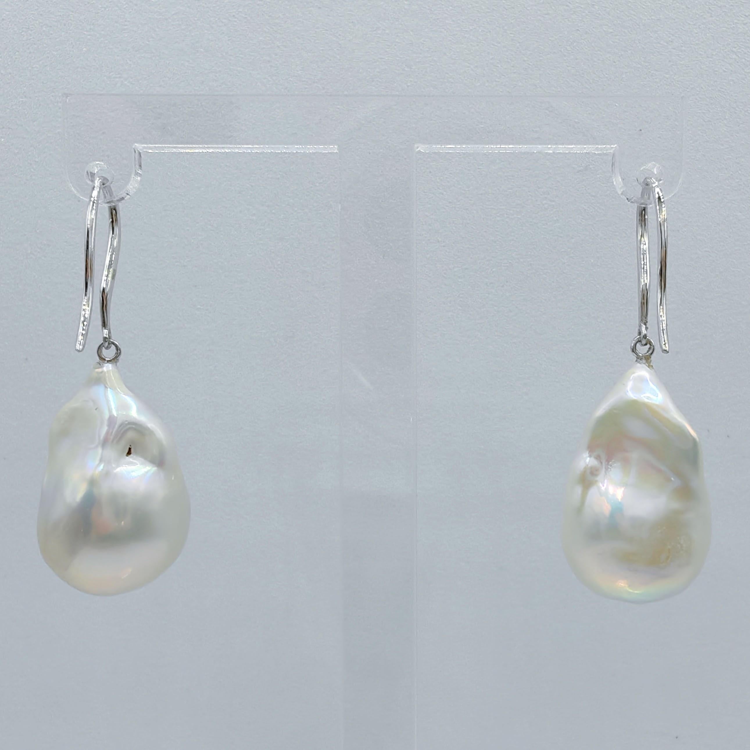 Iridescent White Baroque Pearl Drop Earrings With 18K White Gold French Hooks In New Condition For Sale In Wan Chai District, HK